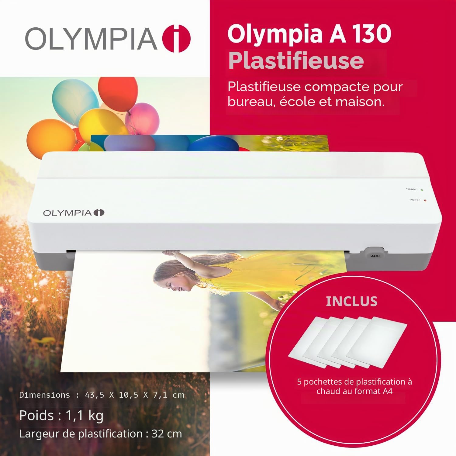 OLYMPIA A 130 Plastifieuse A3 | Plastifieuse compacte pour le bureau, l'école et la maison | Plastification à chaud jusqu'à 320 mm | Pour pochettes de plastification de 80 à 125 microns | Plastifieuse