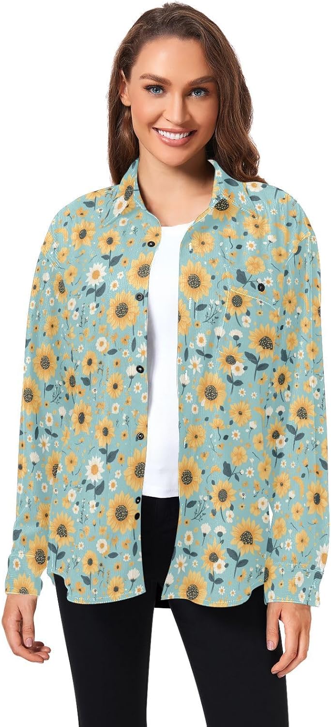 KLL Teal Sunflowers Women Men Slim Fit Rugby Shirts Dating Long Sleeve Blouse