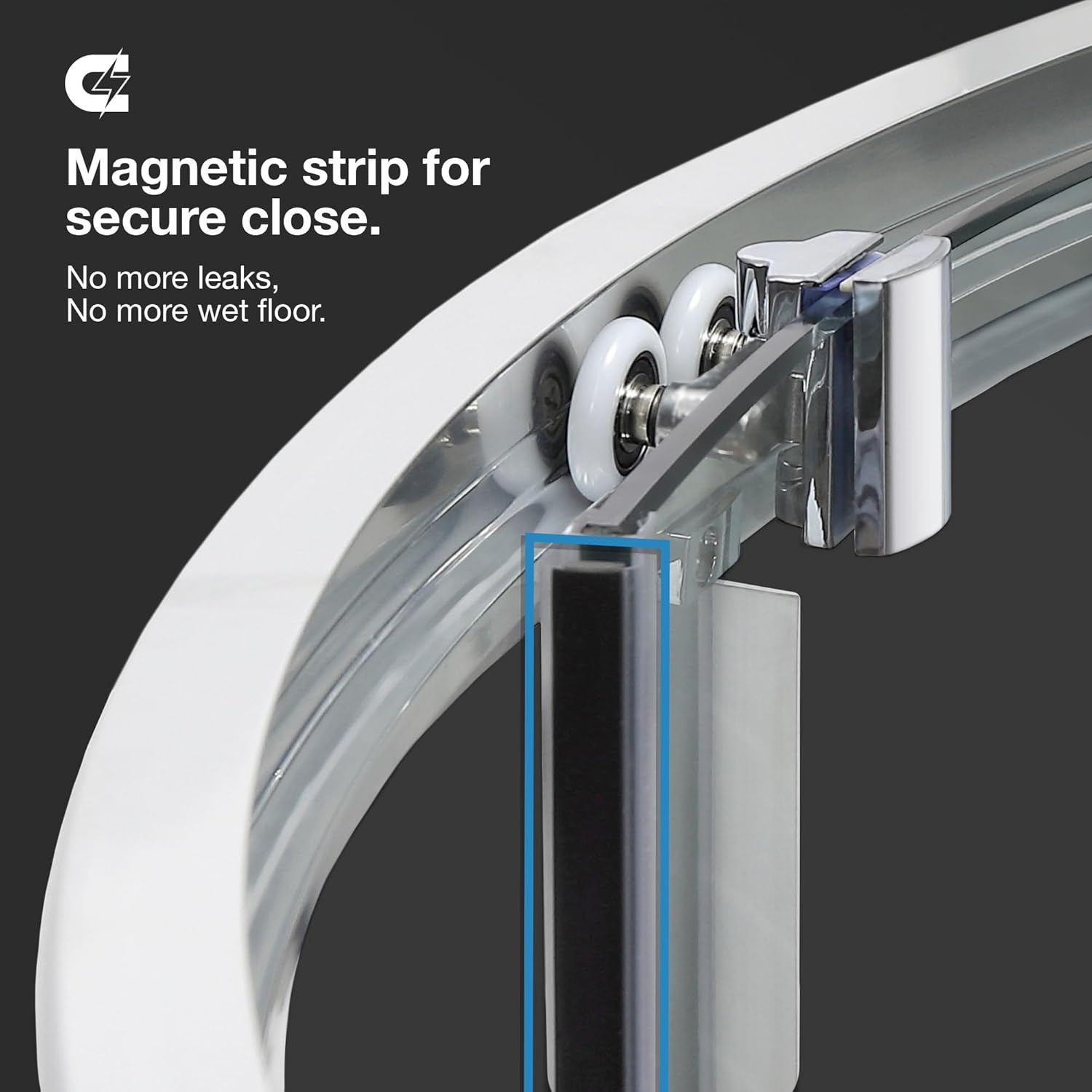 Close-up of the shower door handle, highlighting the metal protective technology.