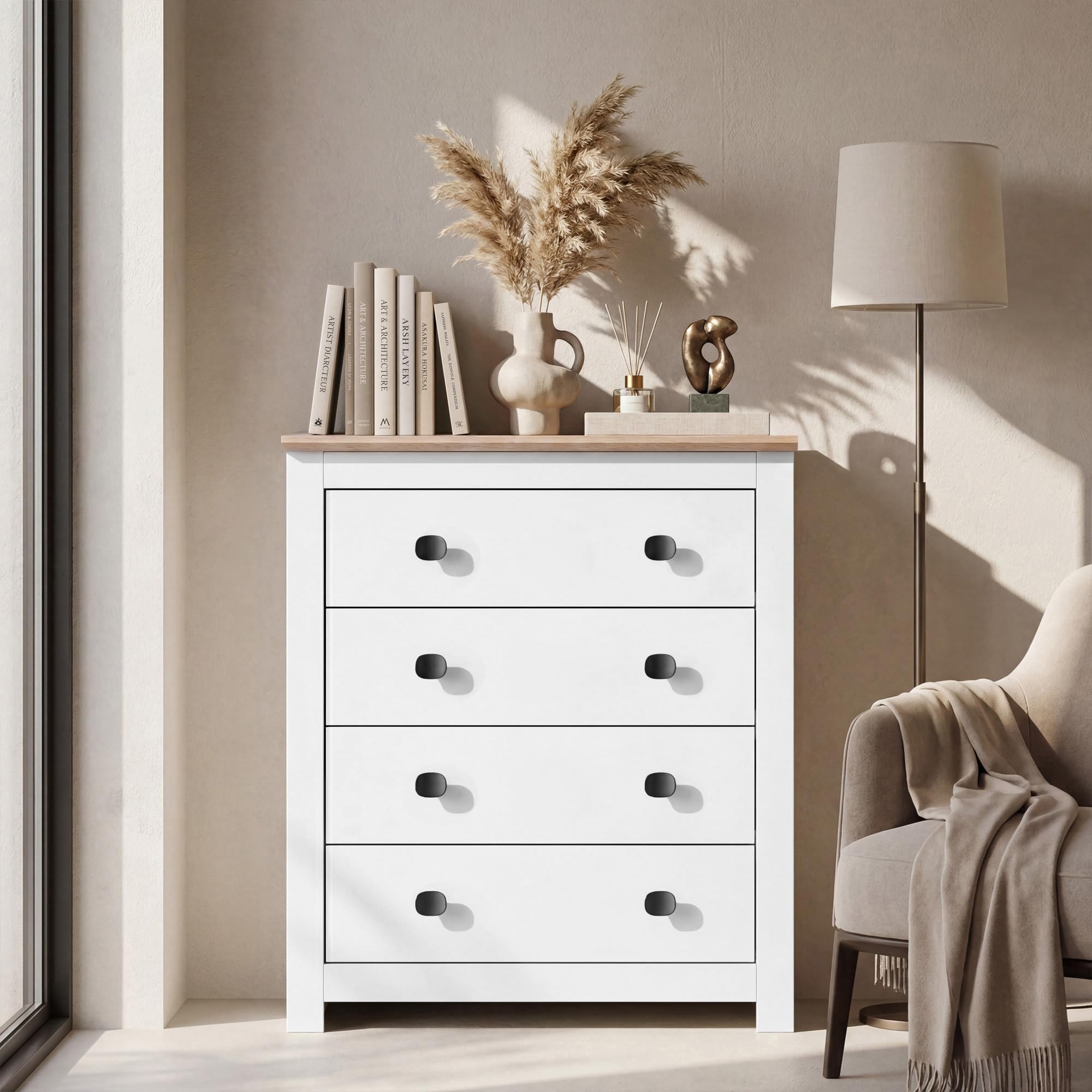 Dako Furniture® 4 Drawer Chest of Drawers MILFORD White Modern Bedroom Storage Cabinet with Contemporary Dresser for Bedroom, Living Room or Hallway