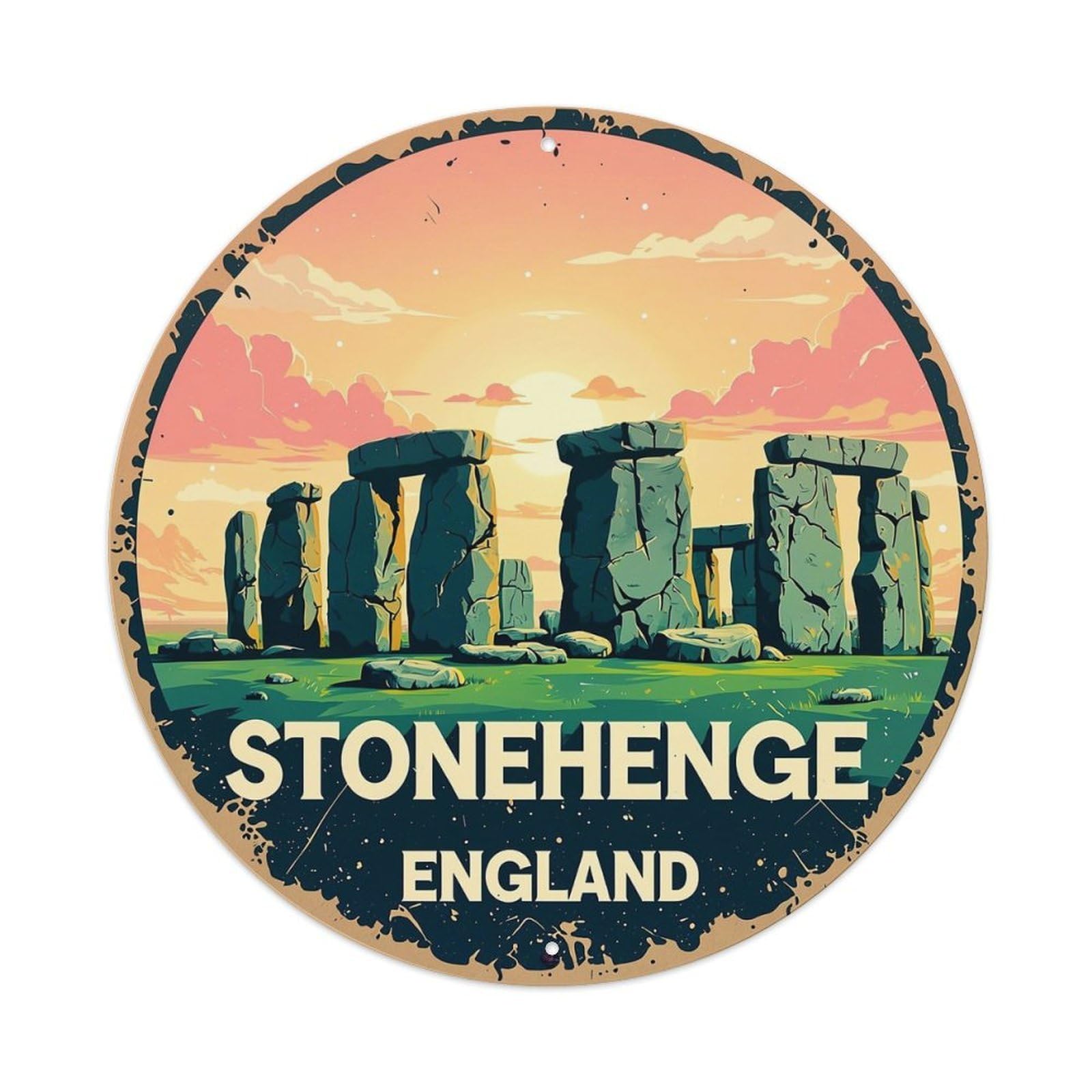 Stonehenge England Sunset Scene Print Vintage Metal Tin Sign Retro Wall Decor for Home Bar Garage Cafe, Indoor & Outdoor Decorative，circle Metal Poster, 8x8 Inch