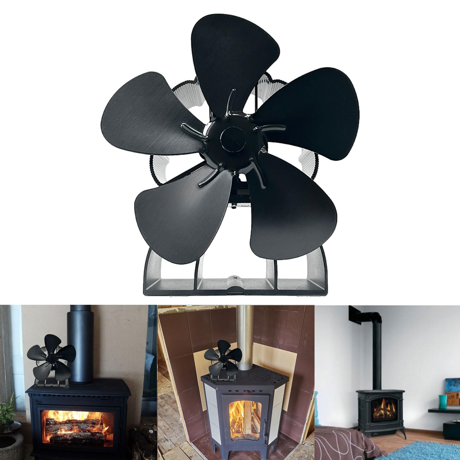 Heizlösung für den Innenbereich, wärmeaktivierter Aluminium Ventilator mit 5 Flügeln für Holzbrenner, Kamine, Öfen, verbessert die Wärmeverteilung, Heizlösung für den Winter
