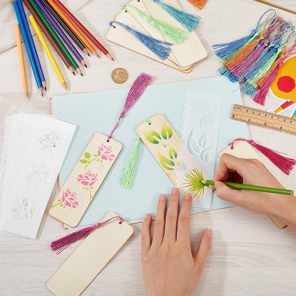 88 Pieces 6 x 2 Inch Wood Blank Bookmarks with Tassels Unfinished Wooden Book Mark Blanks Bulk Hollow Lace Drawing Stencil Thin Hanging Tags Bookmarks Making Kits for DIY Crafts Book Lovers