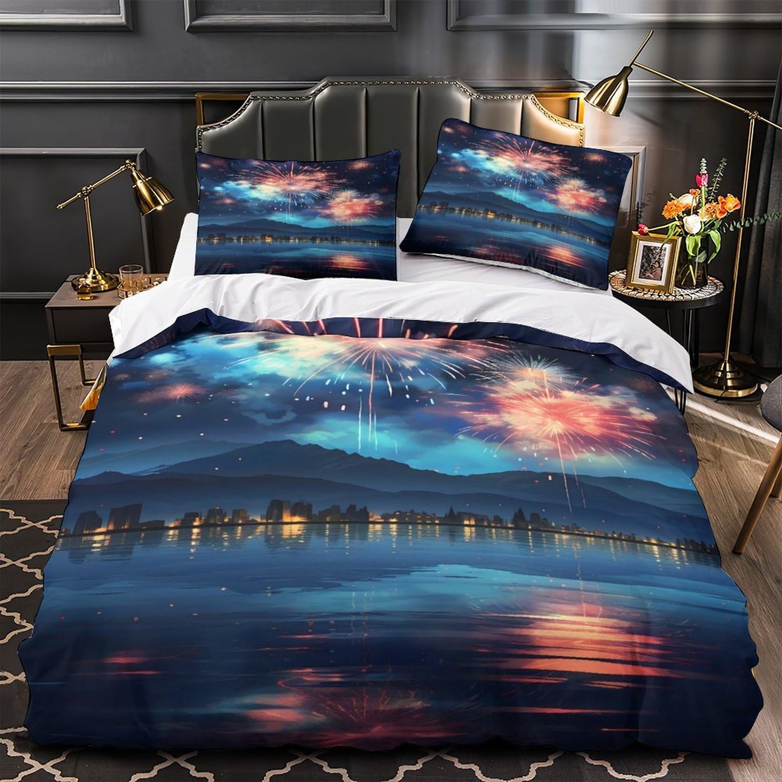 Parure de lit feu d'artifice 3D King 220x240 avec taies en microfibre douce