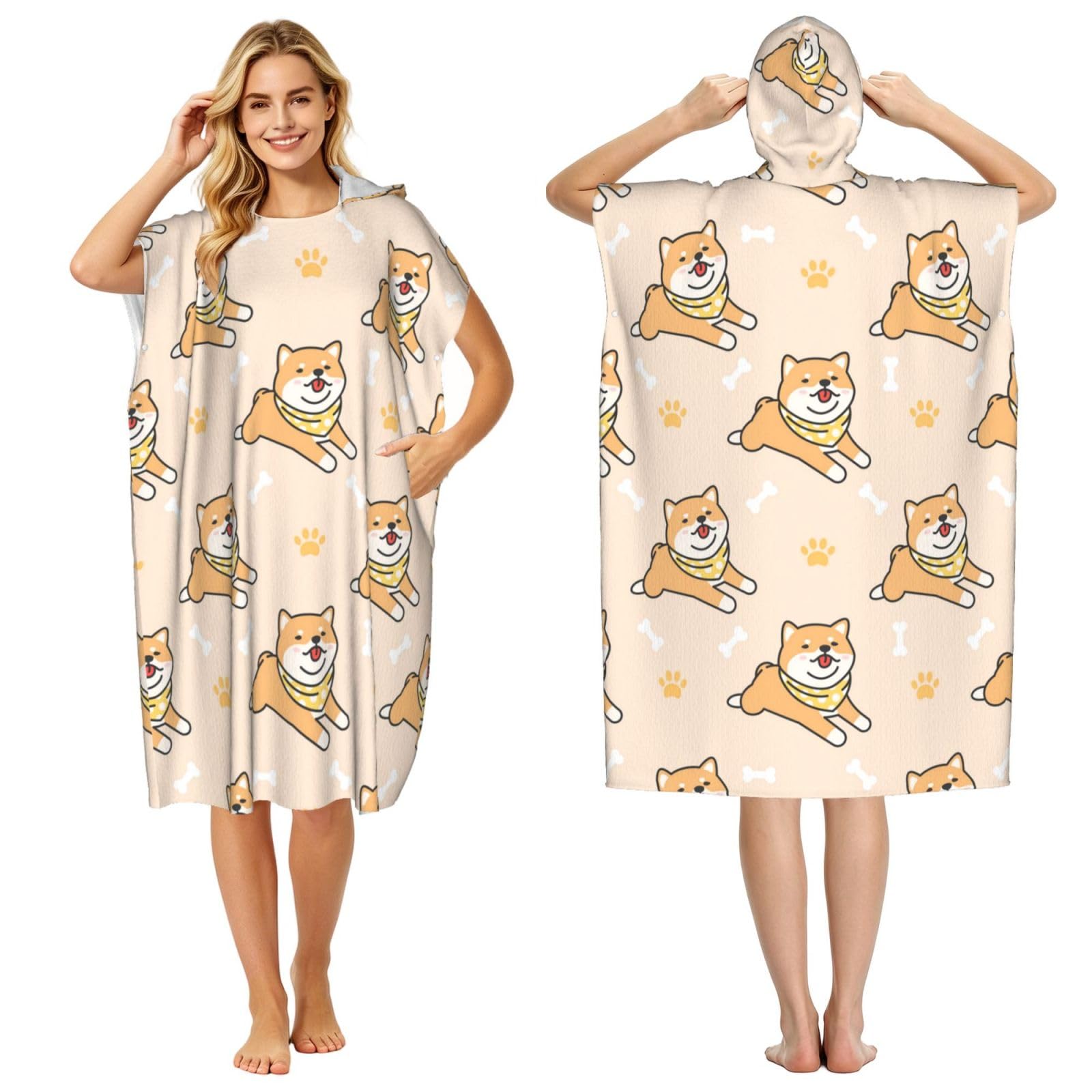 Poadnly Cute Dog Shiba Inu, Adult Hooded Beach Towel 90 x 110 cm,Changing Bath Robe, Surf Poncho Towel For Women Men
