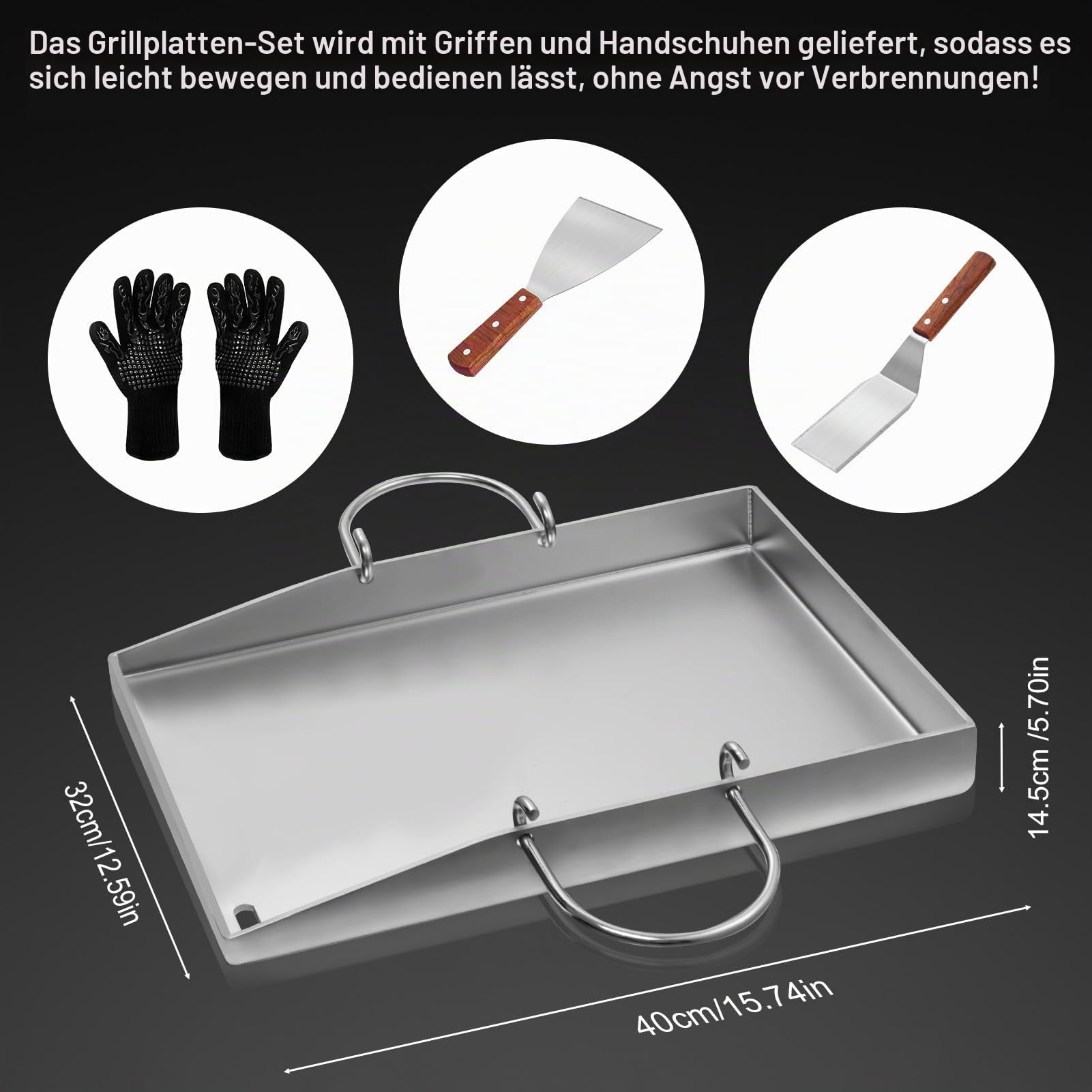 Plancha Grillplatte - 40 x 30 cm Universal Edelstahl Grillplatte für Gasgrill & Kohlegrill - Gleichmäßige Hitzeverteilung- Grill Platte mit 2 Grillspachtel & Handschuhe