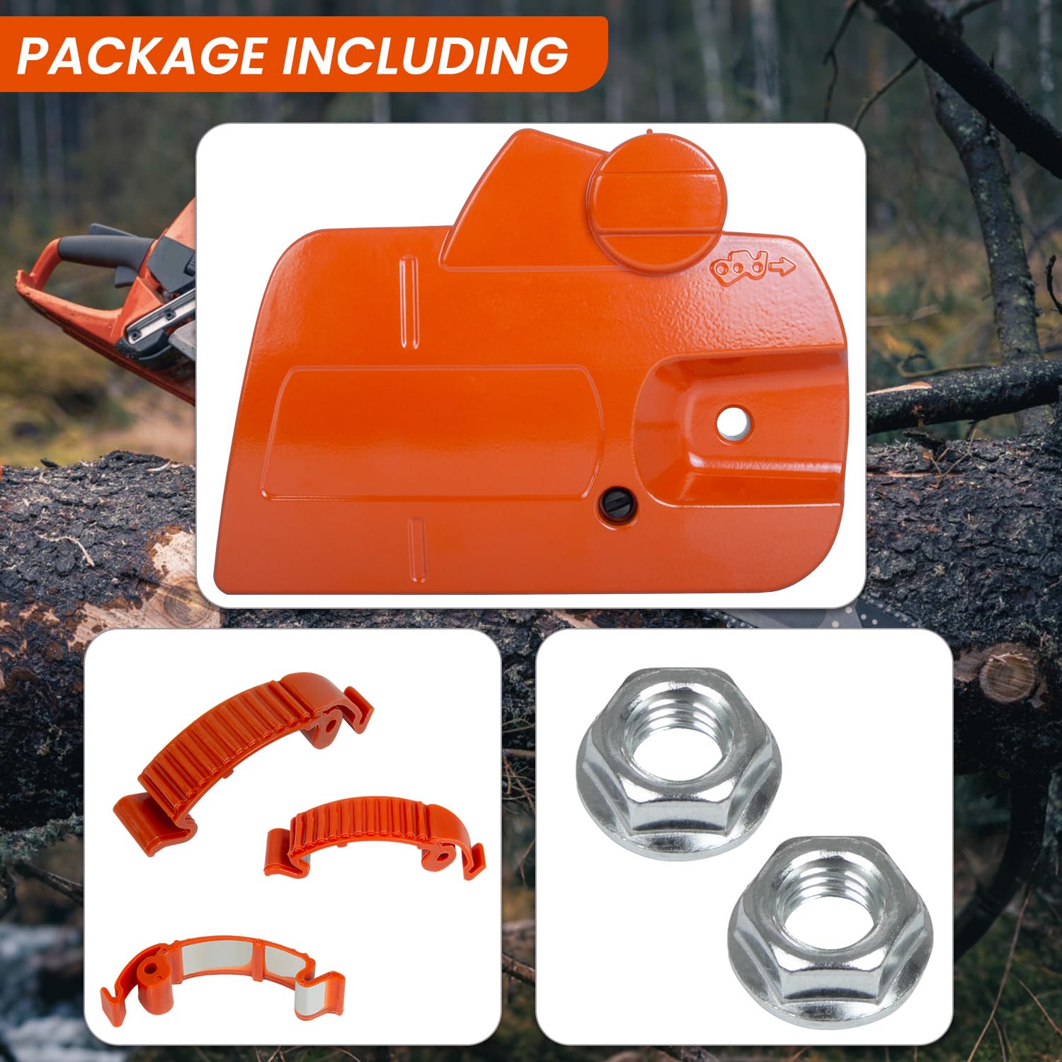 Conjunto de cubierta de embrague de freno de cadena compatible con motosierra Husqvarna 135 140 435 440 E II, incluye clips a presión y tuercas de barra, sustituye a 501388203 536329204 501388201