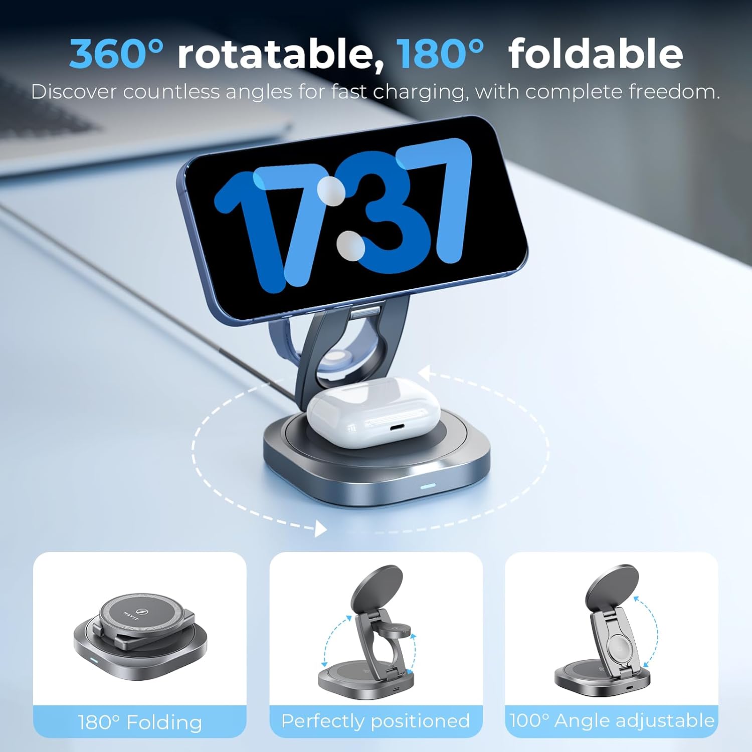 havit MagSafe 3 in 1 Wireless Charging Station, Foldable Travel Charger for iPhone 17/16/15/14/13/12, Apple Watch & AirPods, 15W Fast Magnetic Charger Stand with 360° Rotating, Portable Charger