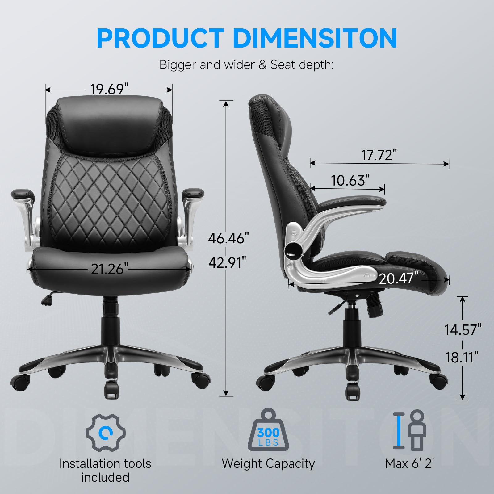 COMHOMA Silla de Oficina ergonómica con reposabrazos Plegables y Respaldo Alto, función basculante, Altura Regulable, Piel Resistente a los arañazos