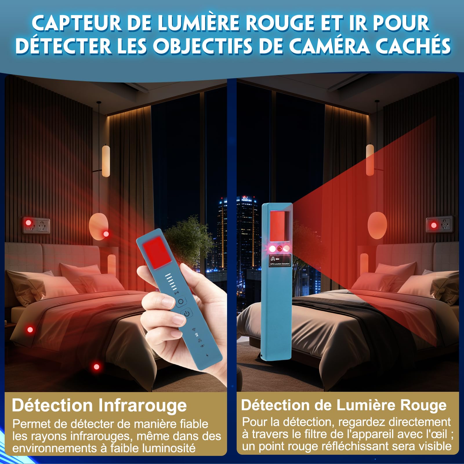 Détecteur de Caméra Cachée et Micro Espion – 5 en 1 avec Détection RF, 6 Niveaux de Sensibilité, Alarme Anti-Traceur GPS – pour Maison, Bureau, Hôtel, Voyages