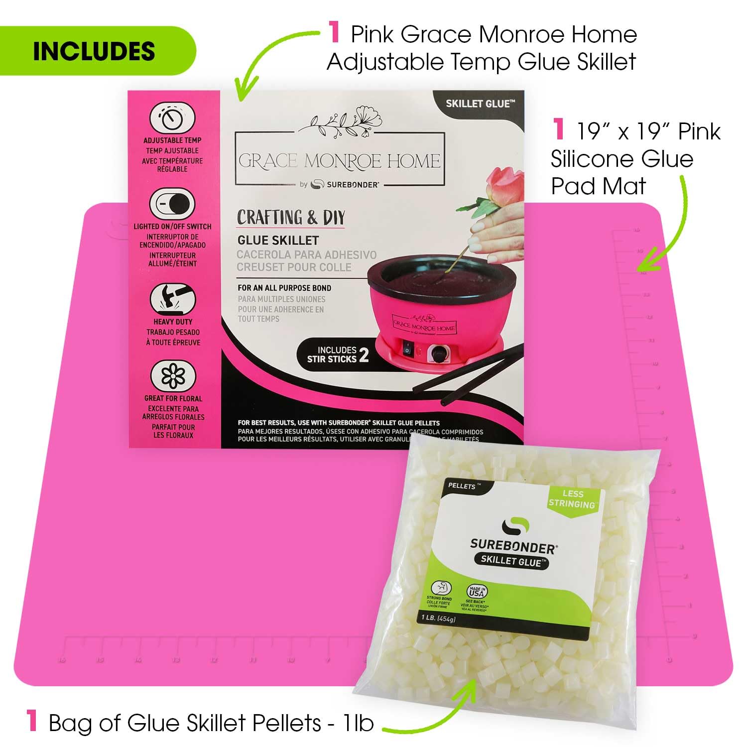 Surebonder x Grace Monroe Home Hot Glue Skillet Pot with 2 Stir Sticks, Pink Glue Mat, and Glue Pellets, 5.25-inch Diameter, 1-inch Depth, Great for Floral, Pink