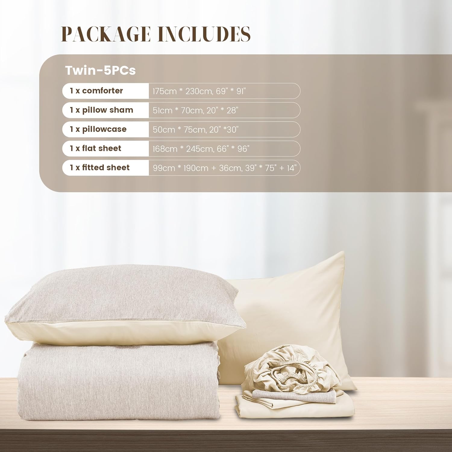DECMAY Twin Comforter Set with Sheets, 5 Pieces Twin Comforter Set, Cationic Dyeing Bed in a Bag Bedding Set with Comforter, Flat Sheet, Fitted Sheet, Pillowcase and Pillow Sham (Twin, Beige) | twin comforter set, twin bedding set, twin bed in a bag