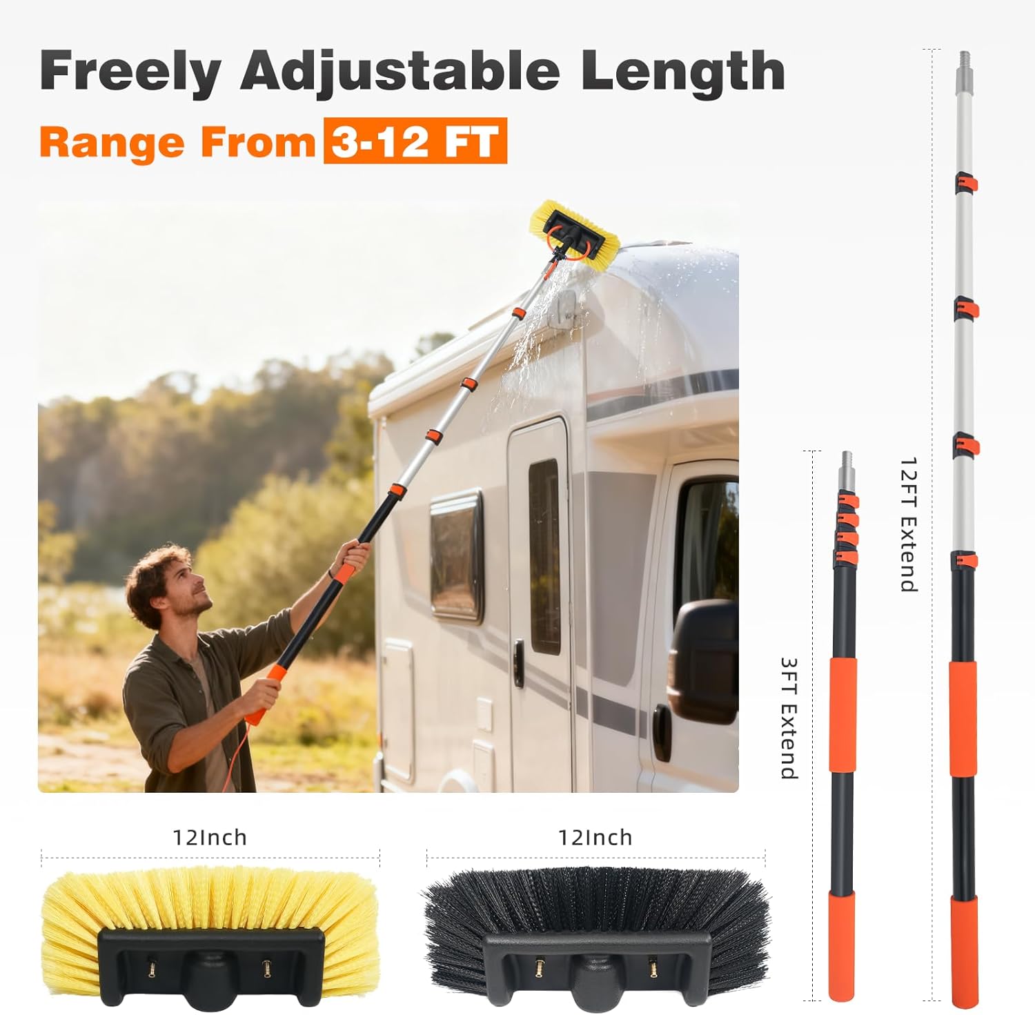12ft car wash brush with long handle, car cleaning brush with 12"soft bristle and hard bristle, 3-12ft telescopic pole with hose attachment for scratch-free cleaning truck,rv,boat,siding,solar panels 12ft-orange-2