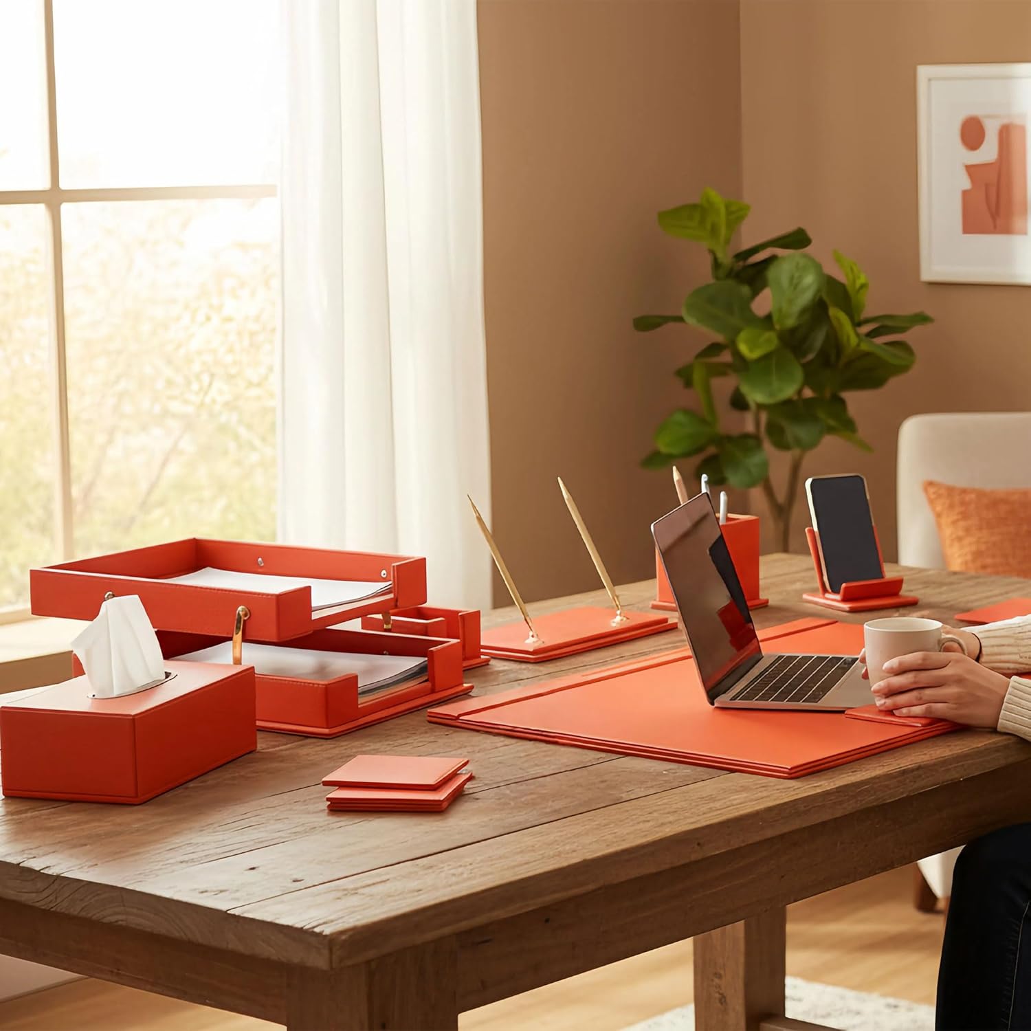 Luxury Executive Leather Desk Organizer Set –15-Piece Office Desk Accessories with Desk Pad, Letter Tray, Phone Stand, Pen Holder & Coasters – Professional Office Desk Decor & Gift (Orange)