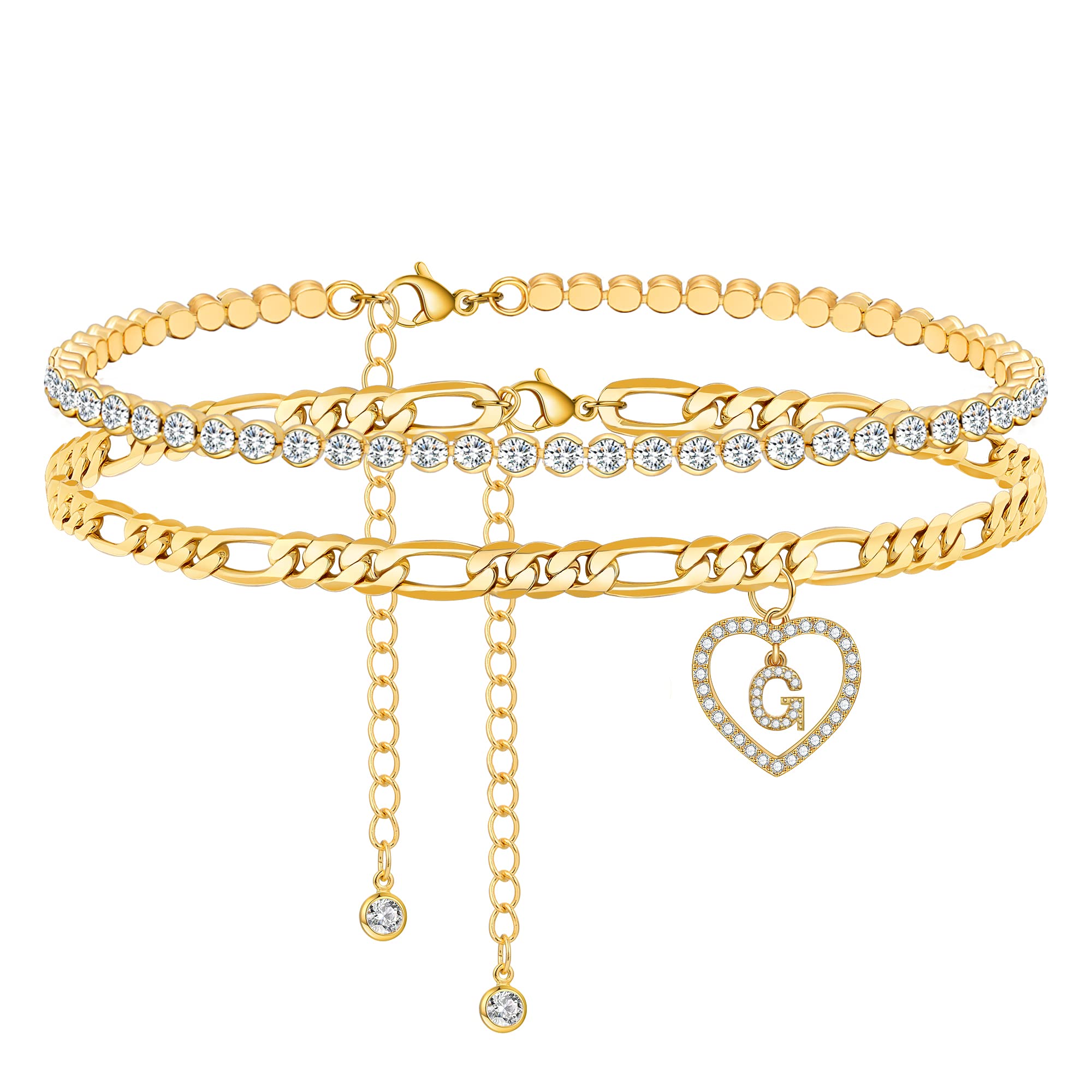FUNEIA 14K Gold Initial Anklets for Women, Metal, Cubic Zirconia