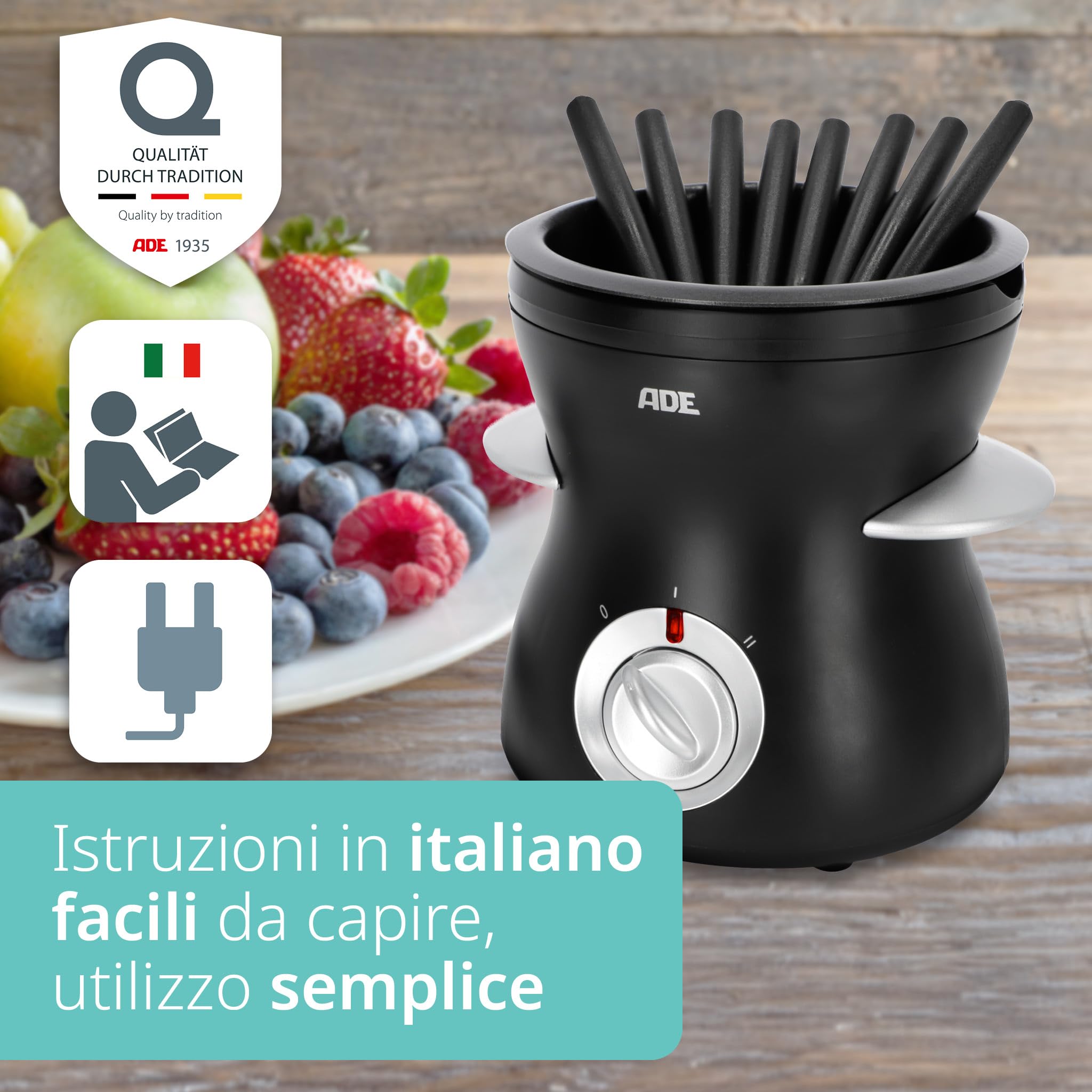 ADE Set per fonduta di cioccolato elettrico 500ml con 8 forchette 2 temperature ciotola rimovibile rivestita in teflon