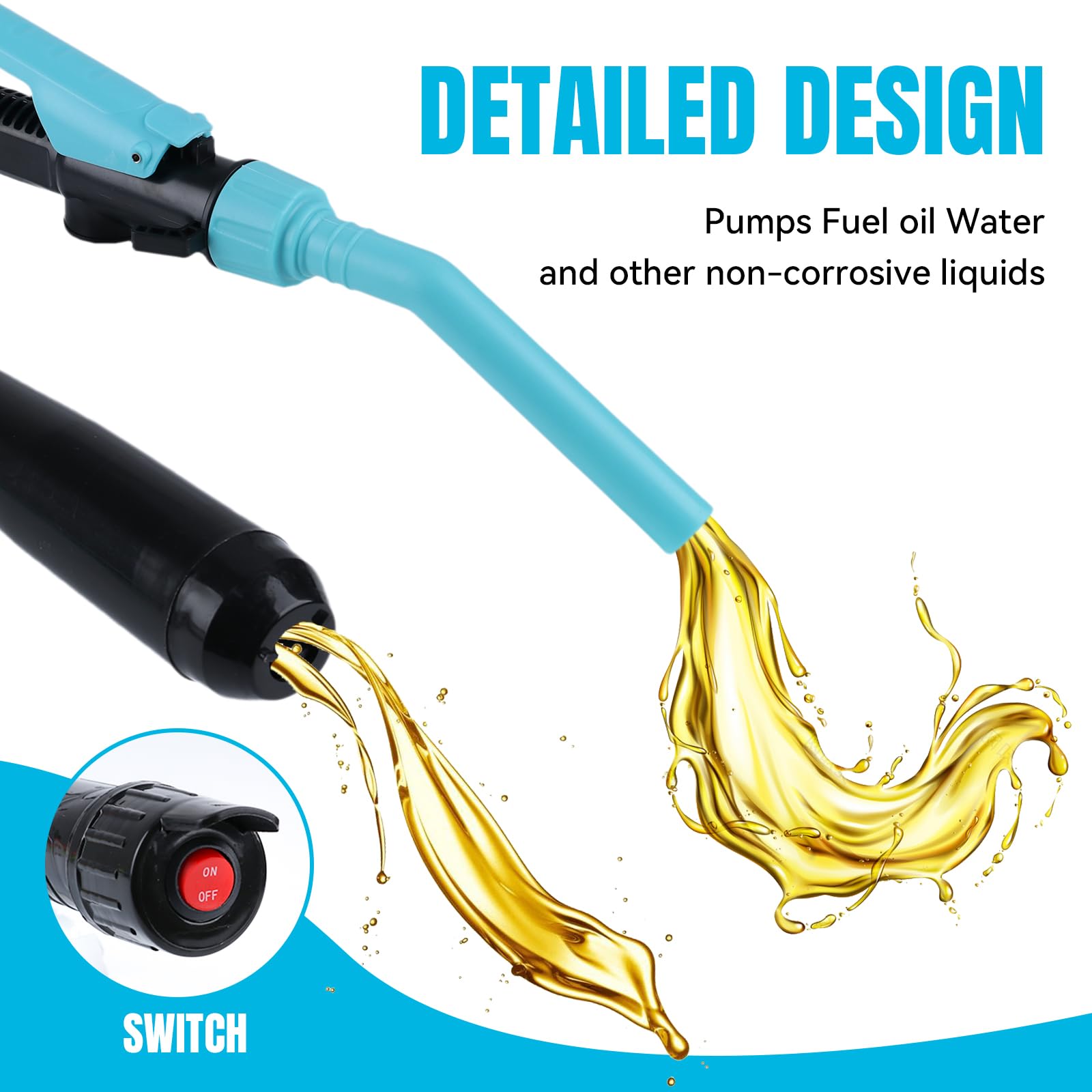 Pompa elettrica di trasferimento a batteria, 9 L/min (2.4 GPM) Pompa per carburante per benzina e diesel, Pompa a sifone portatile con tubo e regolazione del flusso, Pompa di trasferimento liquidi