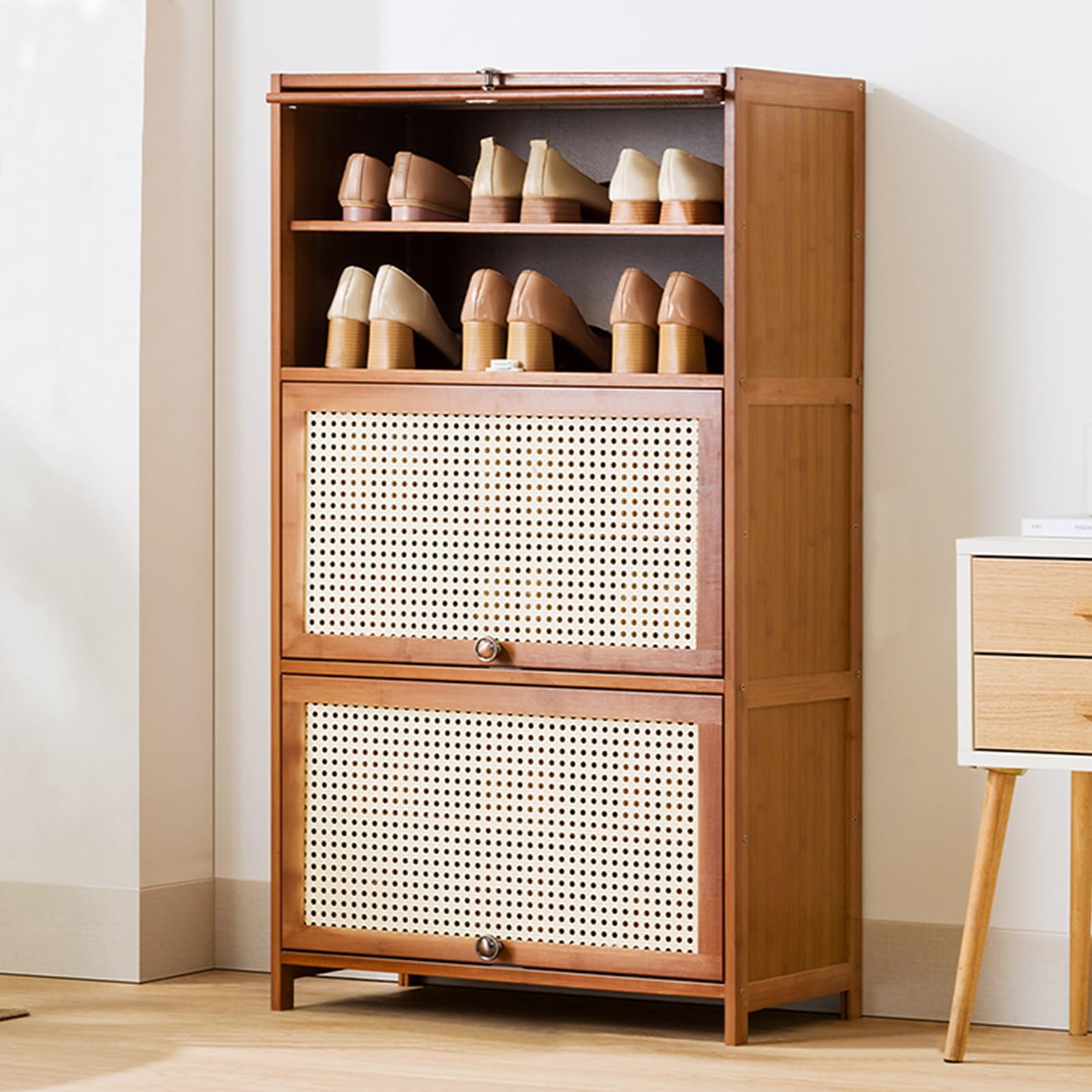 Zapatero para entrada de varios niveles con cajón plegable, elegante zapatero para dormitorio y pasillo, ahorra espacio