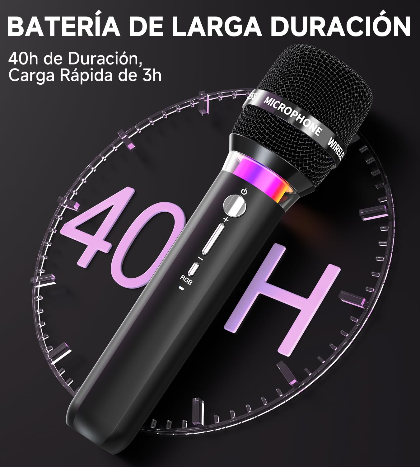 Micrófono Inalámbrico, Micrófonos Duales Inalámbricos Recargables Con Conexión de Chip Uno a Uno y Luces LED, 40h de Duración, Alcance de Recepción de 60m, Micrófono de Karaoke Para Cantar. (Negro)