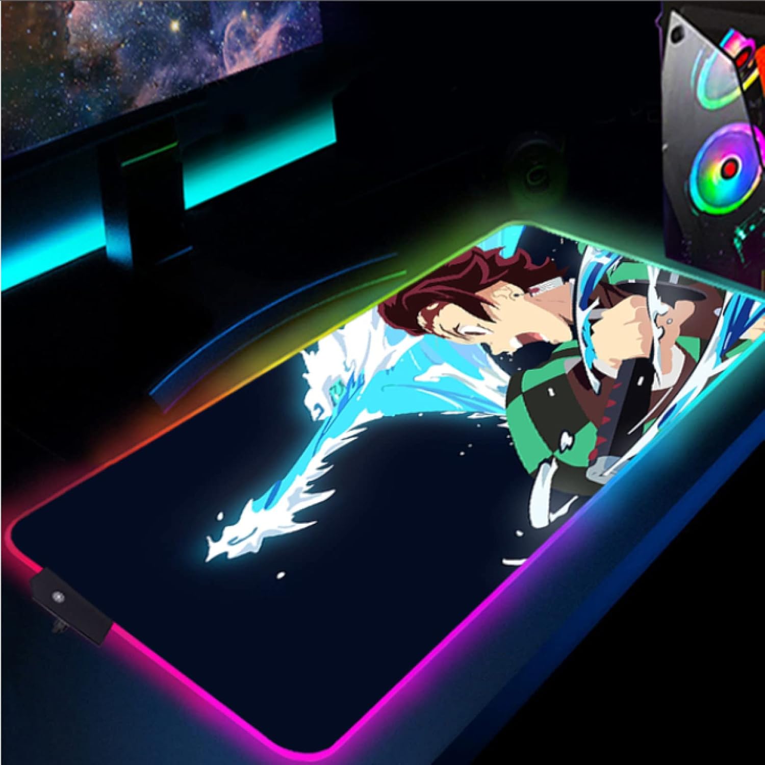 Demon Slayer Gaming Mouse Pad Anime Mouse Mats XXL RGB Mousepad XL Mause Ped Backlit Mat Pc Gamer LED Color 1 40x90cm