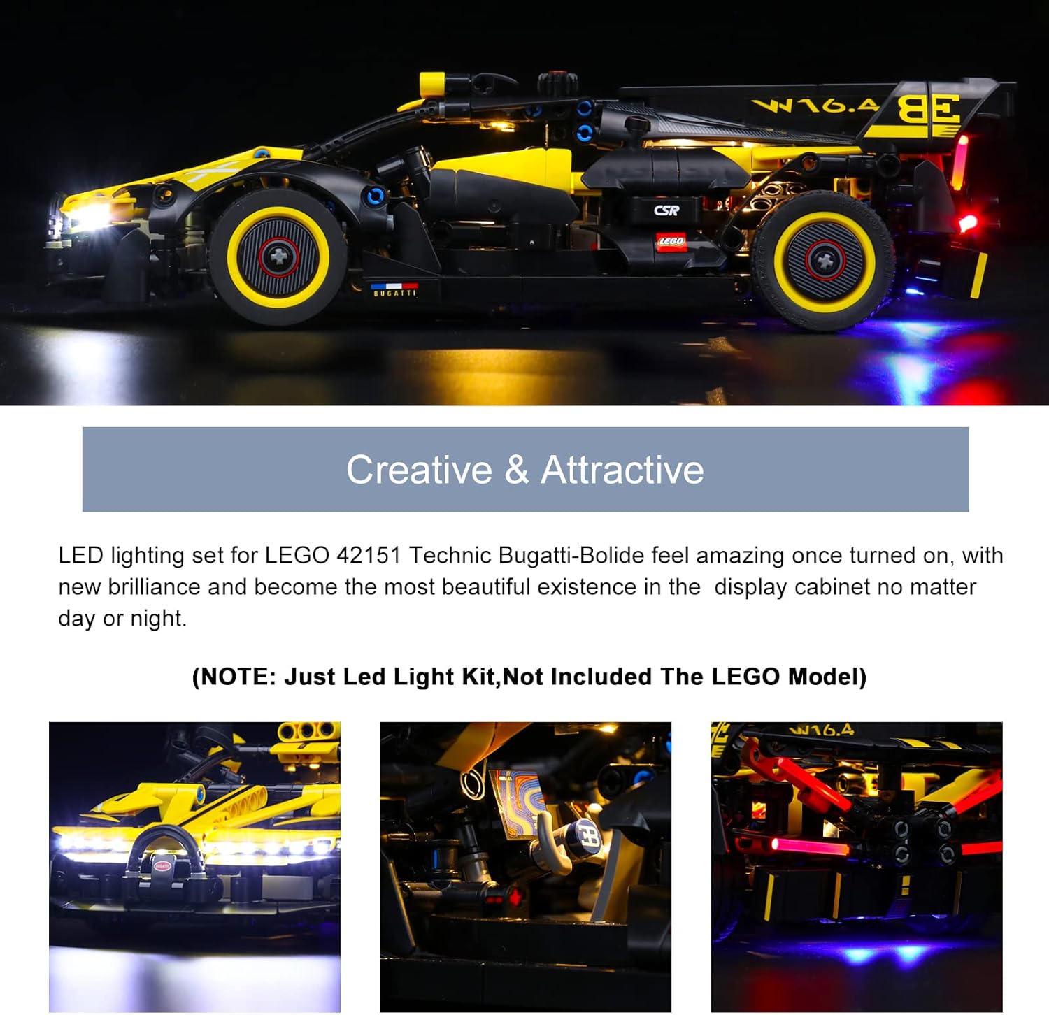 BrickBling LED Light Compatible with Lego Technic Bugatti Bolide 42151 Building Set, Creative Lighting Kit Compatible with Lego 42151, for Technic Car Fans (Bricks Not Included)