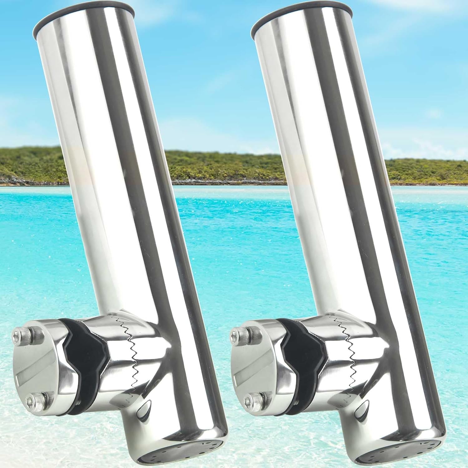2-Pack Stainless Steel Fishing Rod Holders | 32-Angle Adjustable Clamp-On Rail Mount | Fits 7/8"-1" Rails for Boat, Yacht, RV & Truck | Marine-Grade Anti-Corrosion with Rubber Protector