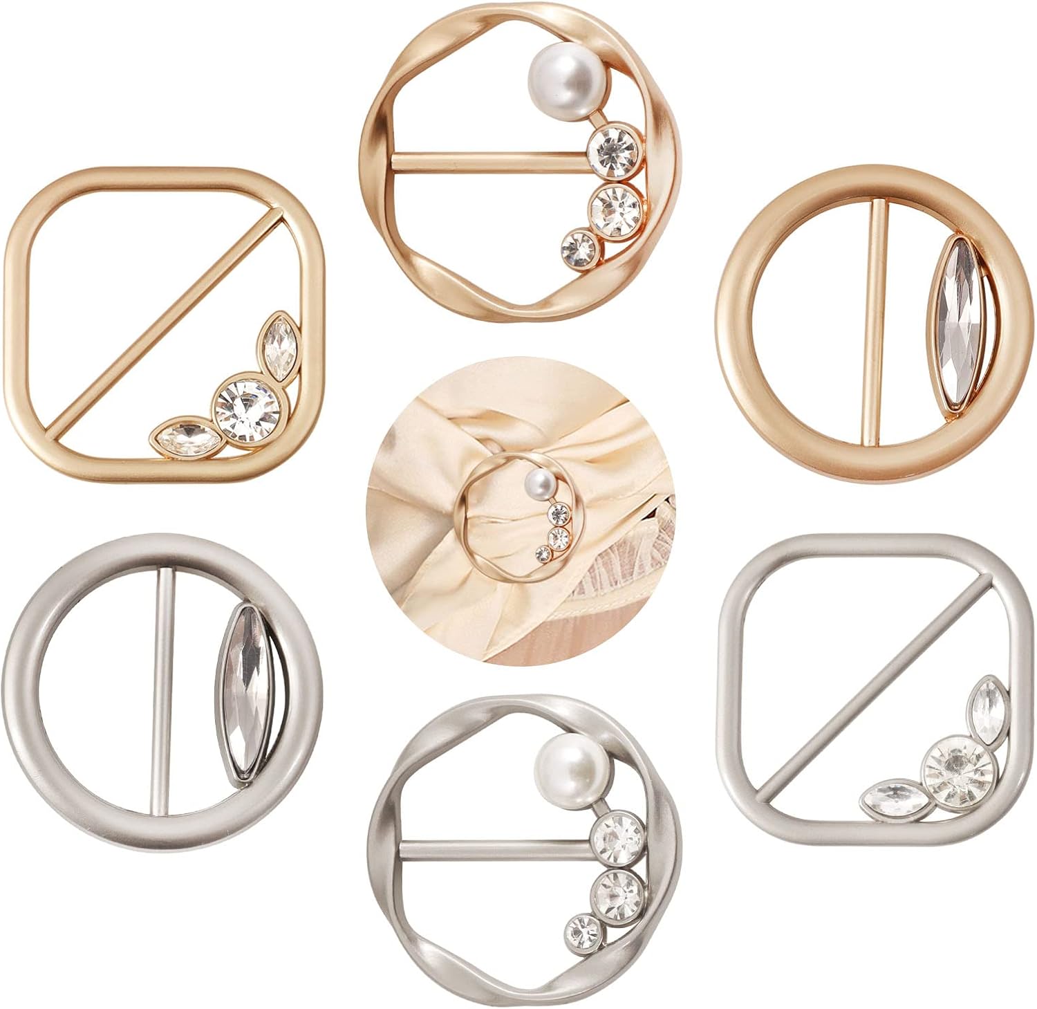 T-Shirt Clips 9 PCS, Clothes Corner Knotted Button, Fashion Alloy Pearl Rhinestone Circle Clip Buckle Round Shirt Silk Scarf