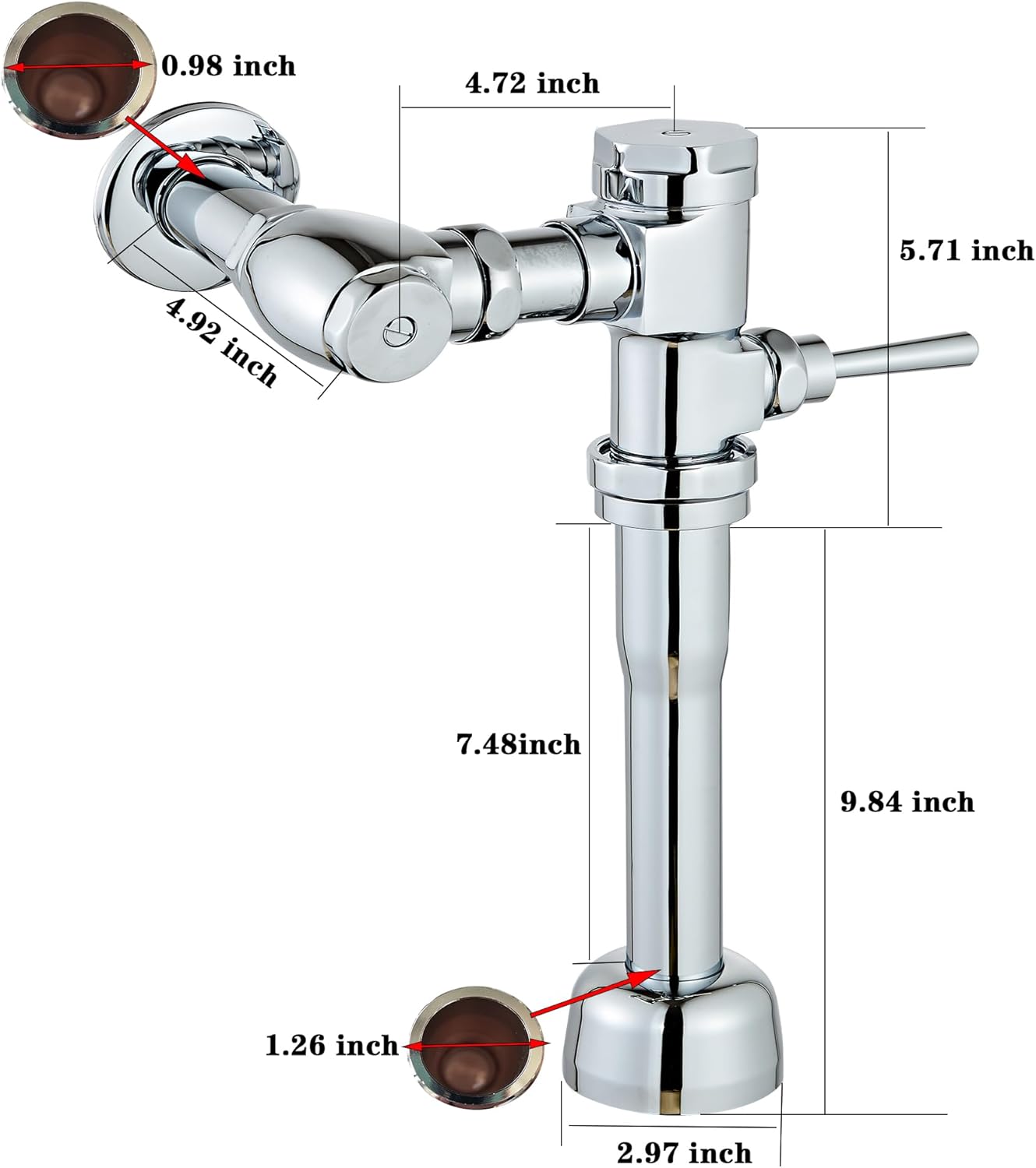 Adjustable Exposed Manual toilet Flushometer 3.5 Gpf Wall Closet Flush valve for commercial bathrooms Reliable Mechanical Design,standard size,Public home Restroom Use