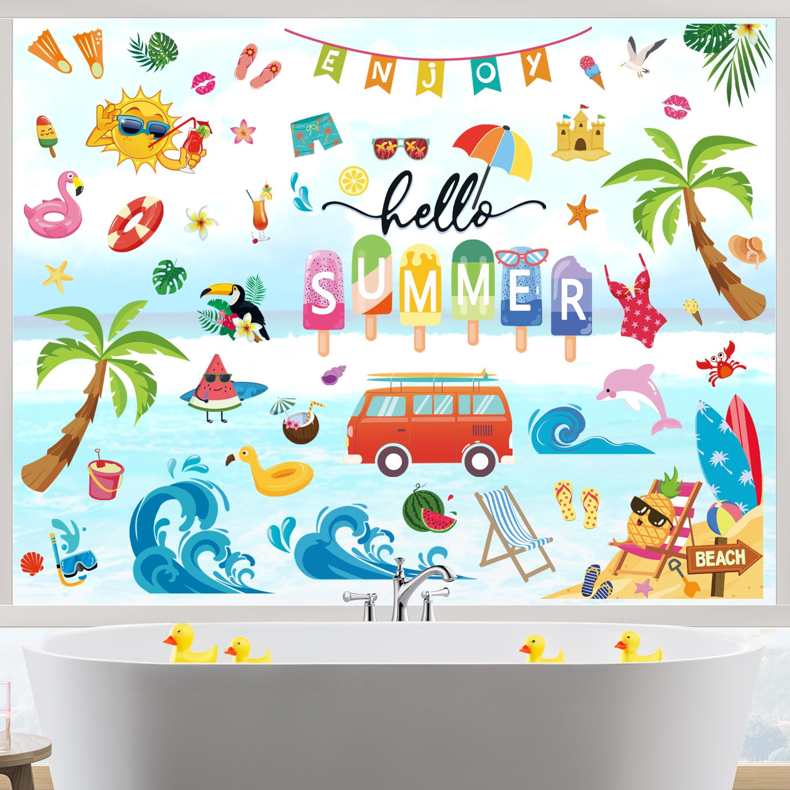 wondever Summer Sun Beach Window Clings Hello Summer Pool Beach Hawaiian Tropical Glass Sticker Decal Anti Collision Double-Side Static Window Stickers for Home Glass Window - Image 2
