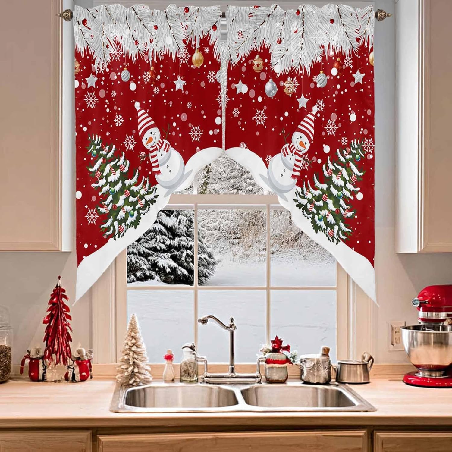 Christmas Swag Valances for Windows Red Xmas Tree Ball Snowman Rod Pocket Window Treatment Pine Needles Snow Kitchen Window Curtains Swag Curtain Valance for Living Room, Bedroom 72" W x 36" L