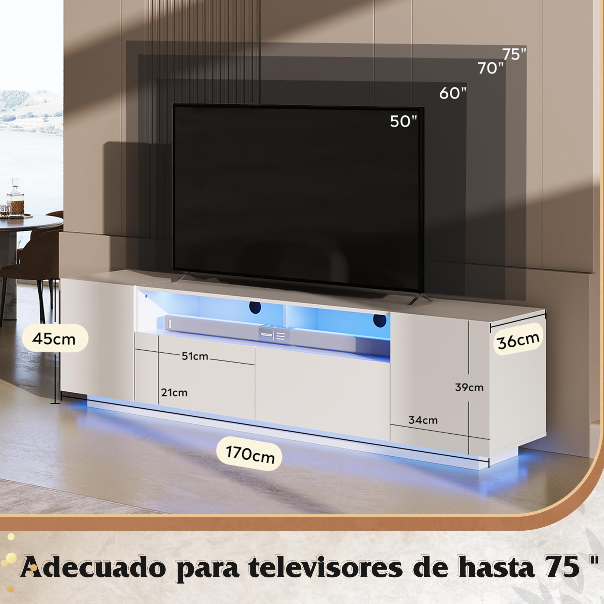 WLIVE Mueble de TV LED para televisores de hasta 75 Pulgadas, con Gran Espacio de Almacenamiento, Mesa de TV con iluminación LED RGB, para Sala de Estar, Dormitorio, Blanco