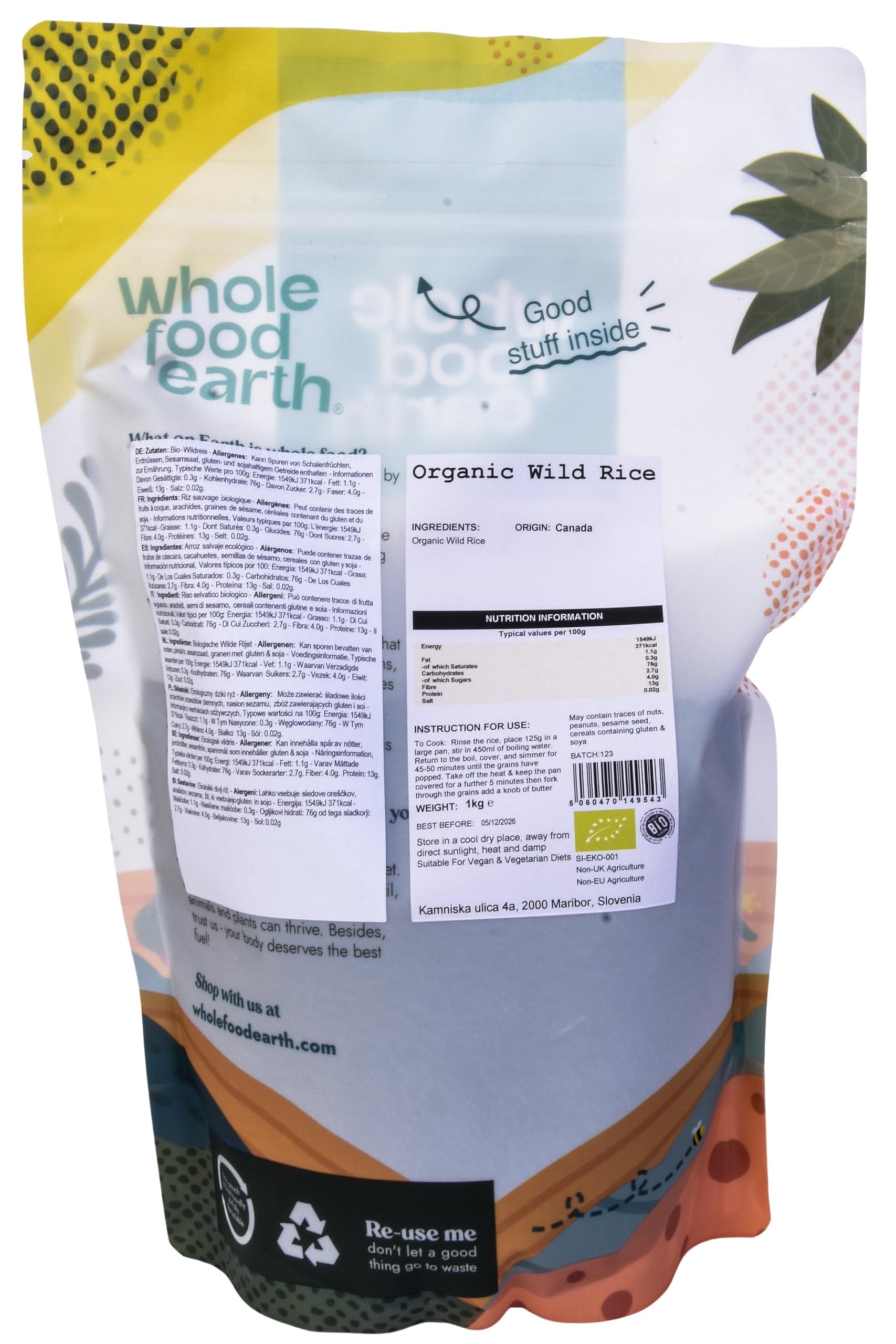 Wholefood Earth Organic Wild Rice 1kg GMO Free | EcoSocial | Vegan | Raw | Source of Fibre | Source of Protein | Certified Organic