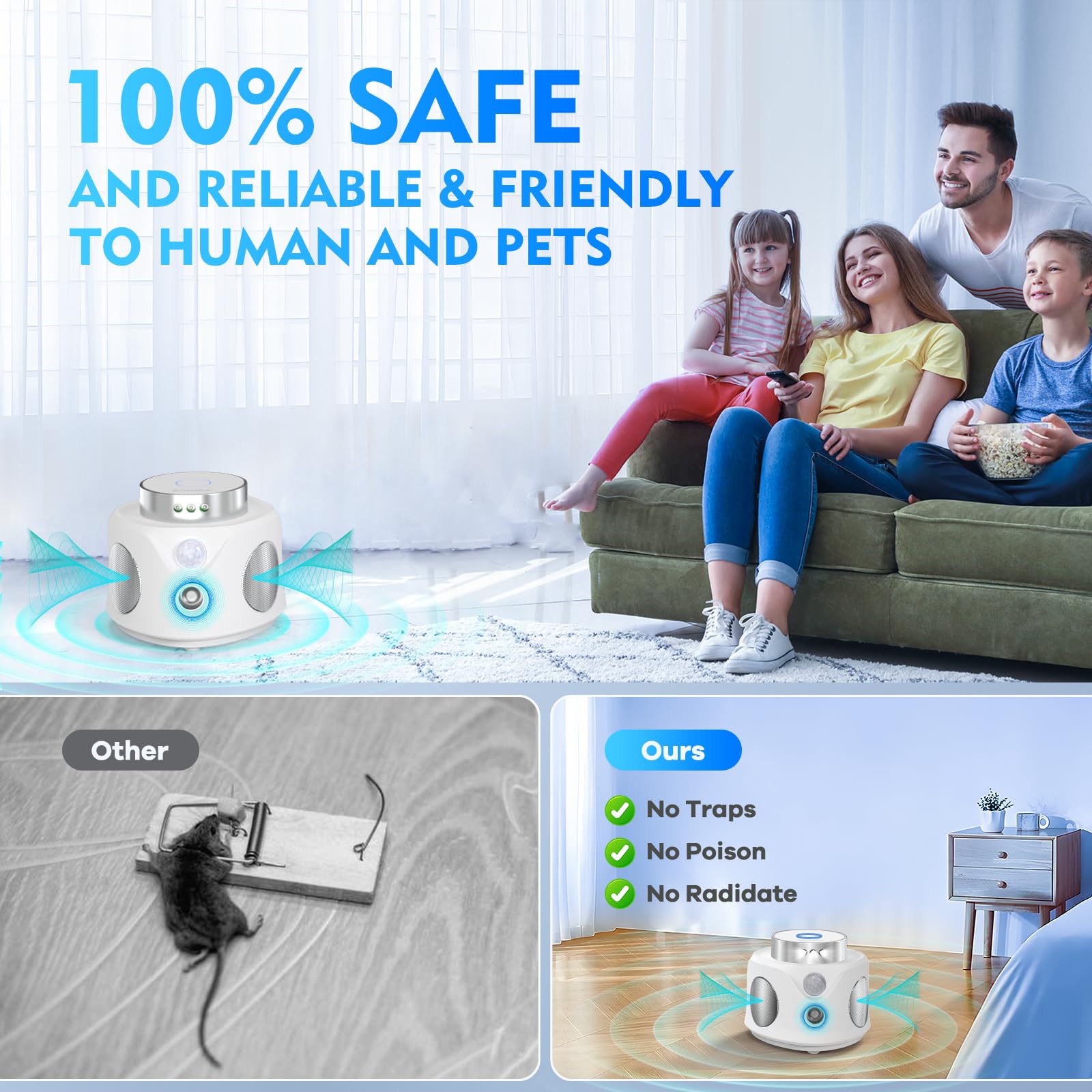 Répulsif Ultrasons Souris Rats 3 Emetteurs 3 Modes Anti Souris 9 Lumières Stroboscopiques 360° Anti Rongeurs