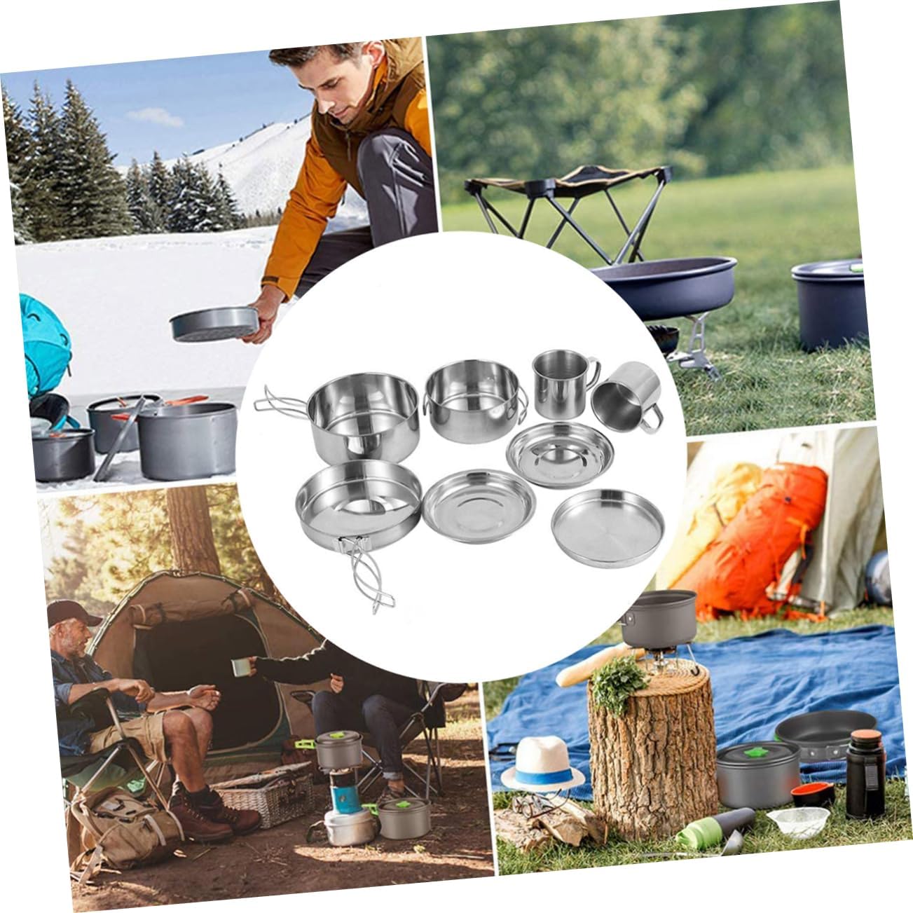 Mipcase 1Set Portable Camping Cookware Multi Functional Cooking Pot Frying Pan Plates Cups Handles for Easy Storage for Outdoor Camping