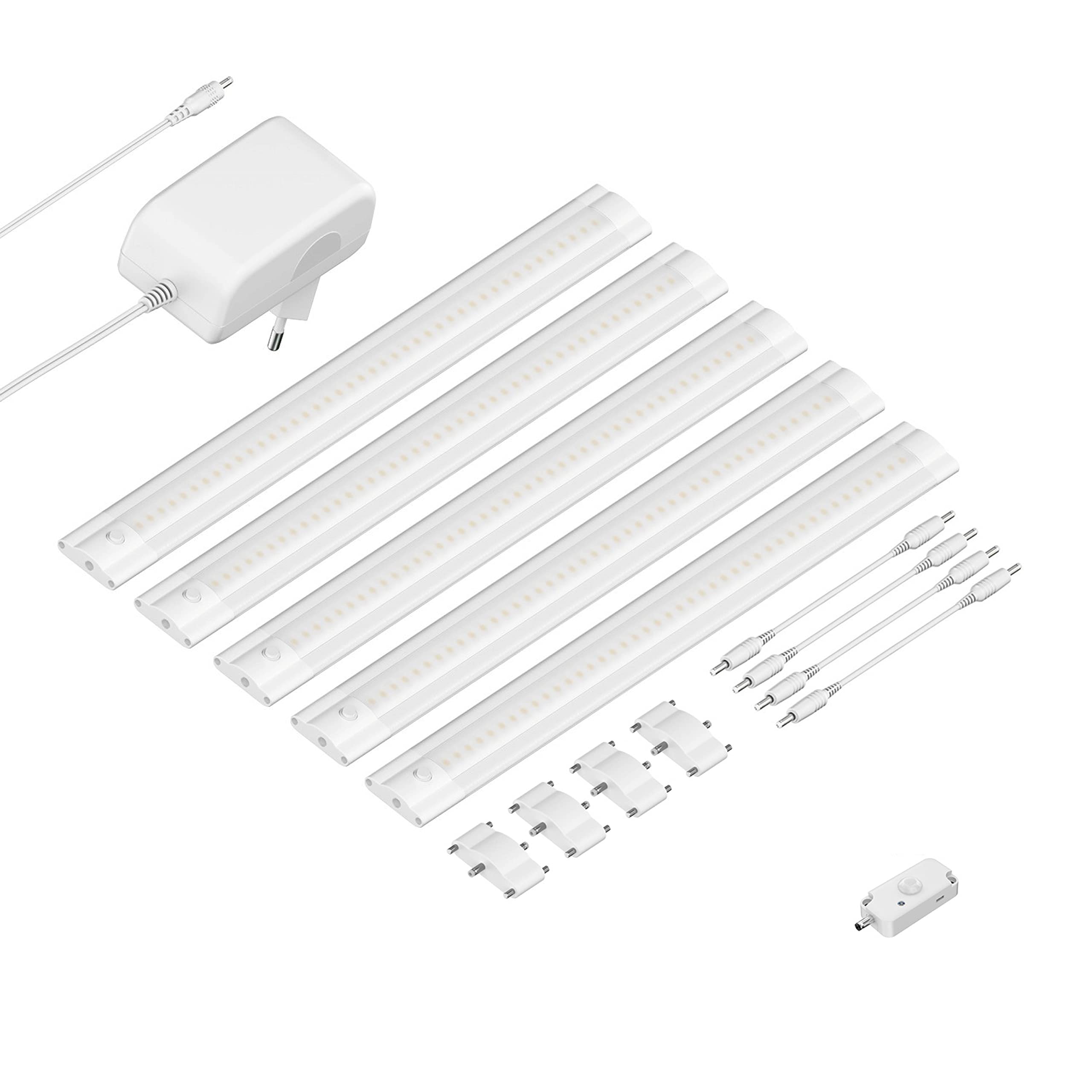 ledscom.de LED Unterbau-Leuchte SIRIS weiß matt mit Bewegungsmelder, flach, je 30cm, je 368lm, warm-weiß, 5er Set