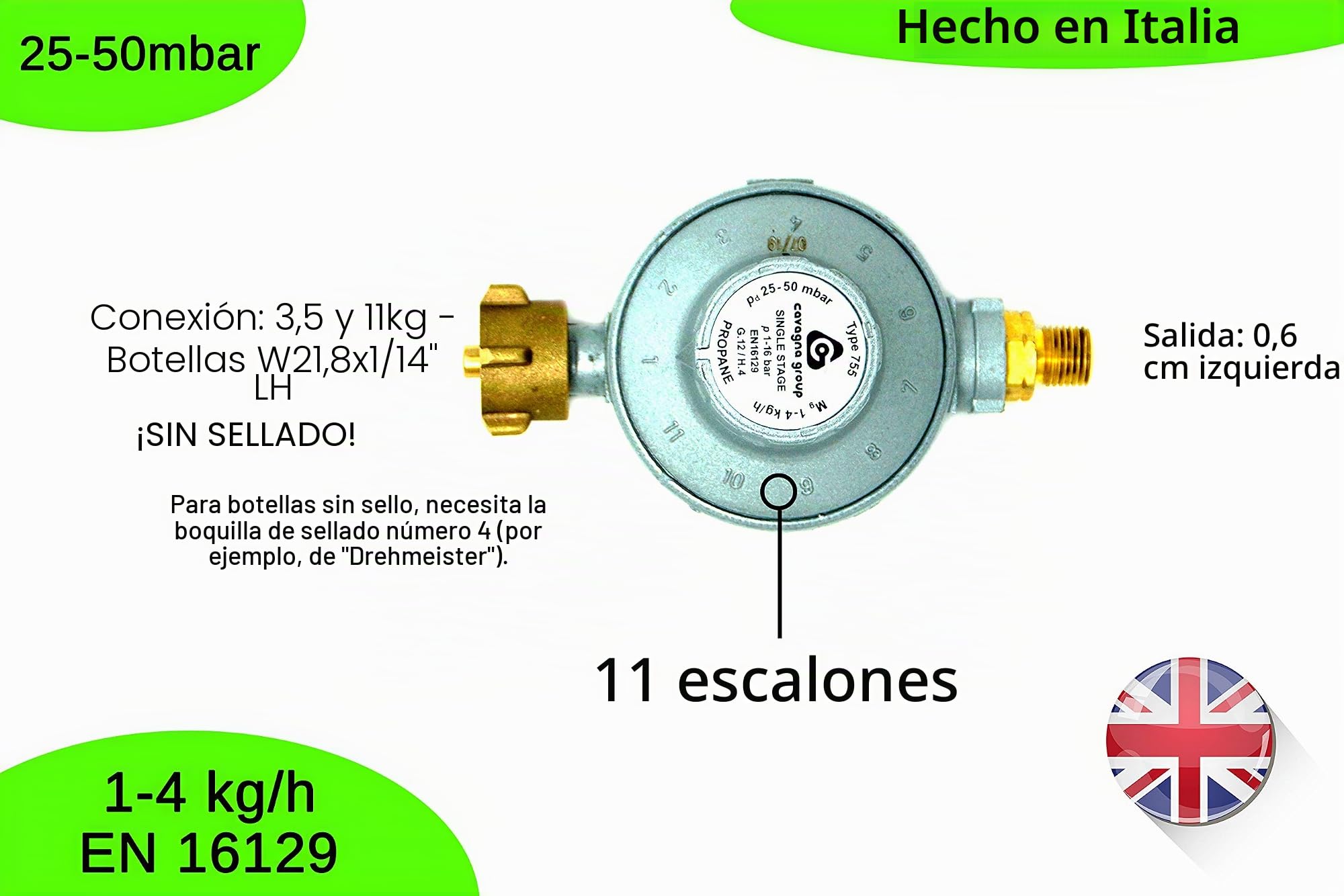 CAVAGNA Regulador de Baja presión 25-50mbar Regulador de presión de Gas Ajustable de 11 etapas para Parrilla de Gas, Calentador Radiante, Calentador Radiante para terraza, Olla