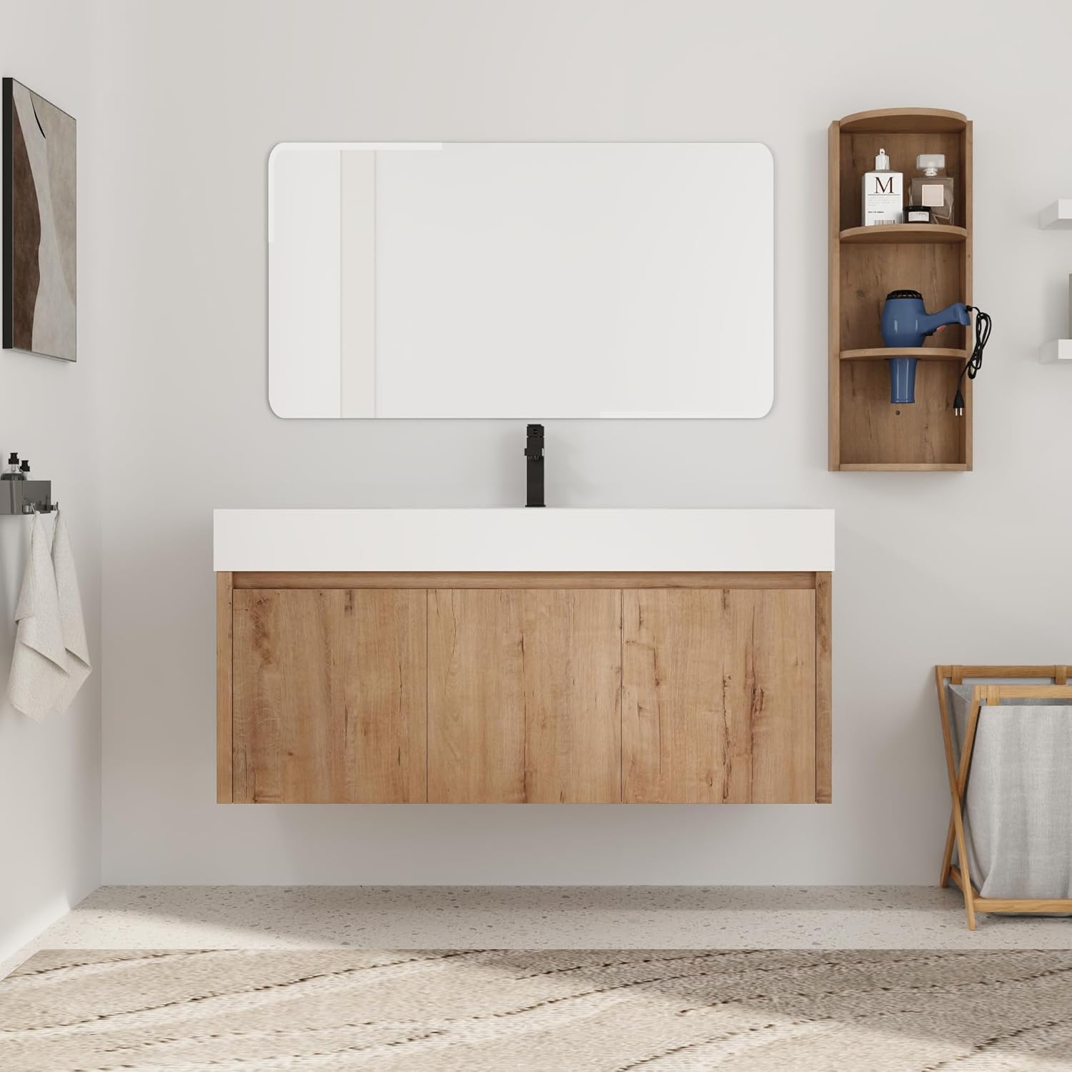 48 Inch Bathroom Vanity with Sink, 48” Floating Vanity Combo, Plywood Bathroom Cabinet with White Resin Sink, Modern Wall Mounted Cabinet Set, Including a 12" Open Cabinet for Tissue, Hair Dryer