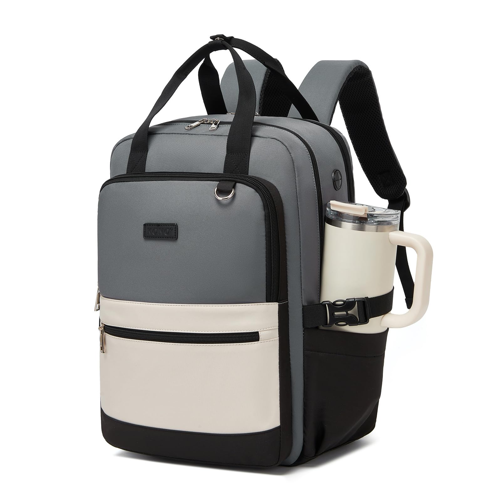 KONO Rucksack Damen 15,6 Zoll Laptop Rucksack Damen, Schulrucksack Elegant, Business Daypack mit vielen Fächern, 2 in 1 Rucksack & Handtasche mit Kabelöffnung für Uni Büro Reise (Grau/Beige)