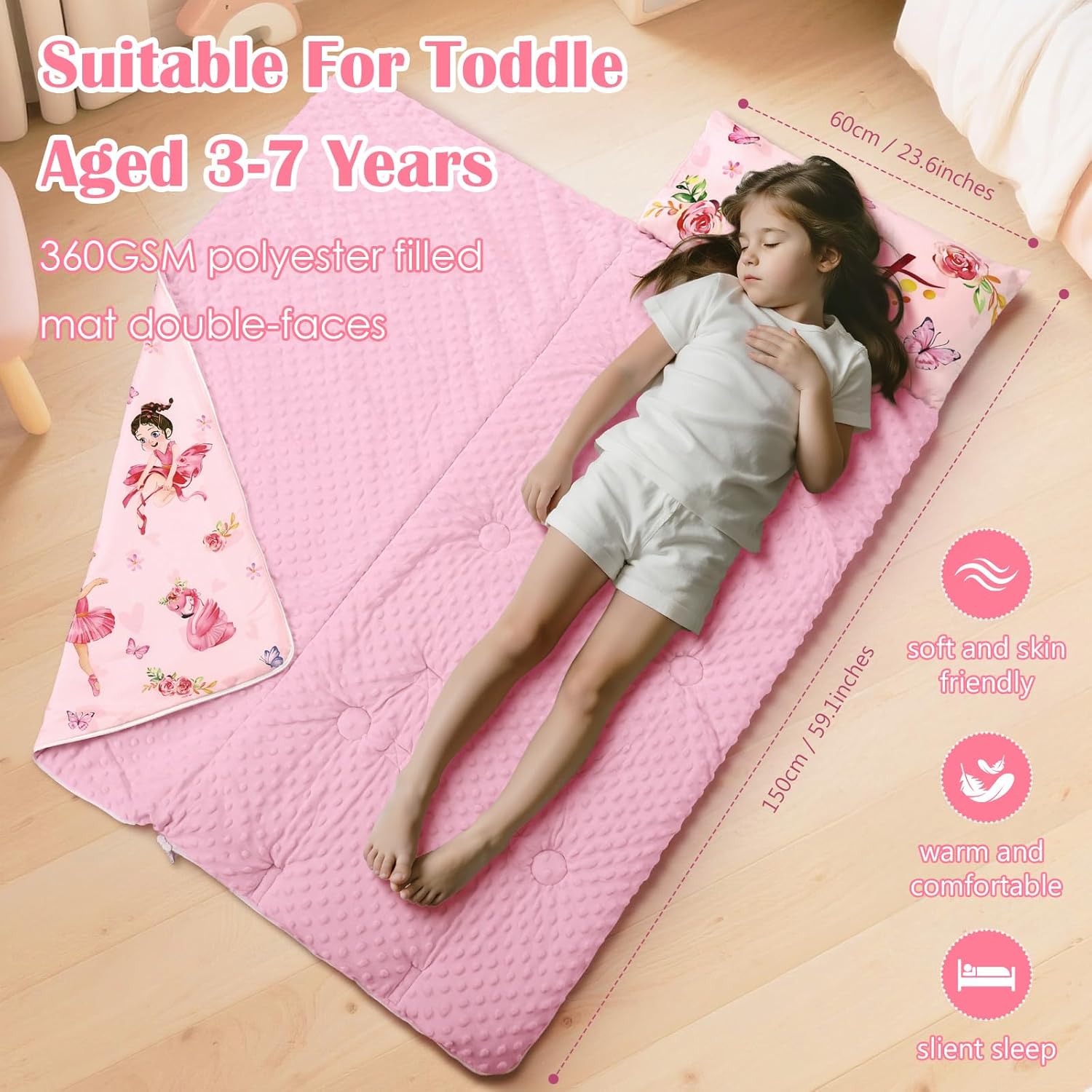 Kids Sleeping Bag Toddler Nap Mat with Removable Pillow, Large Foldable Sleeping Bag for Girls Boys, Easy Clean Slumber Bag with Double Zip for Camping School Preschool Daycare, 59×24 inch