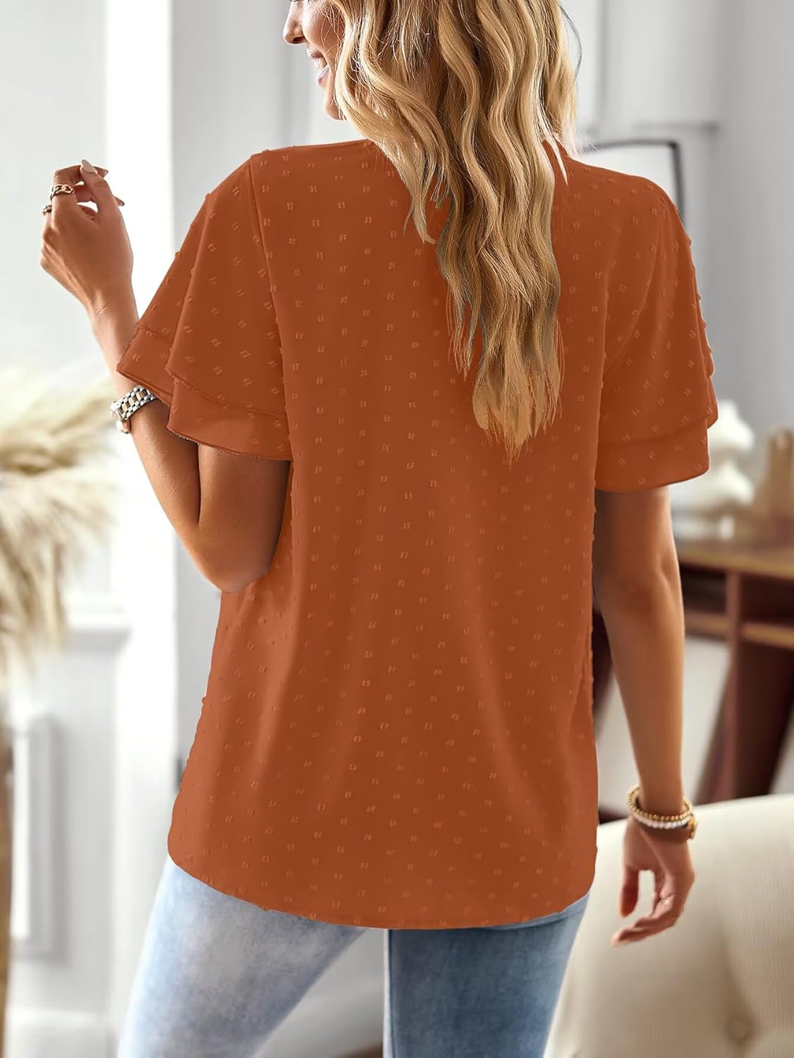 Womens Tops Butterfly Sleeve V Neck Blouses for Women Dressy Casual Flowy Swiss Dot Ruffle Short Sleeve Shirts - Image 3