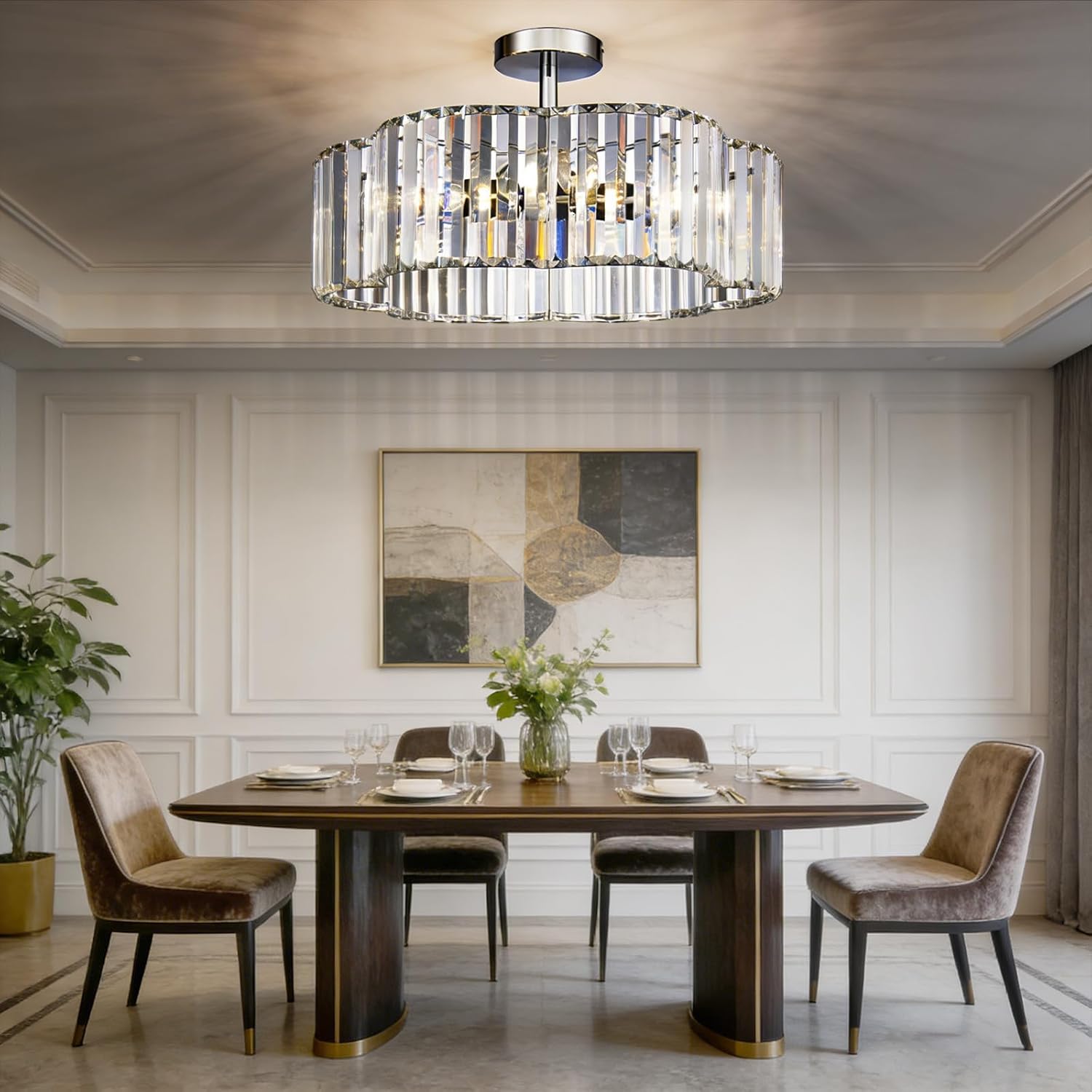 Hamilyeah 20" Modern Crystal Chandelier Ceiling Light, 4-Light Semi Flush Mount Drum Pendant, Polished Chrome Finish for Dining Room, Kitchen Island, Bedroom, Living Room