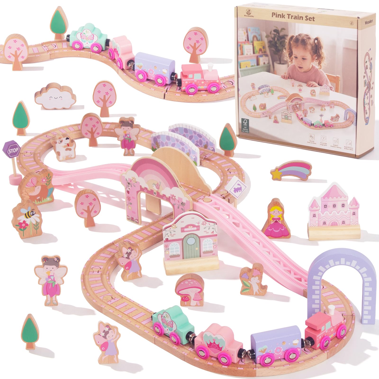 WOODENFUN Train Bois Princesse Rose Montessori, kit 30 pièces pour Enfants 3 Ans