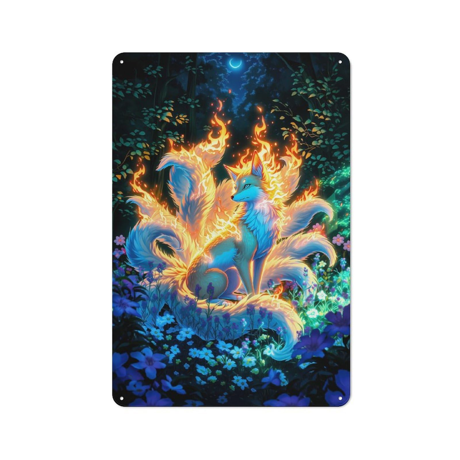 Junmoney Style-3 Fiery Nine-Tailed Fox In Forest Rustic Tin Wall Plaque 30X20cm For Hobby Room Or Studio, A Christmas Gift For People Styling Hobby Room And Studio