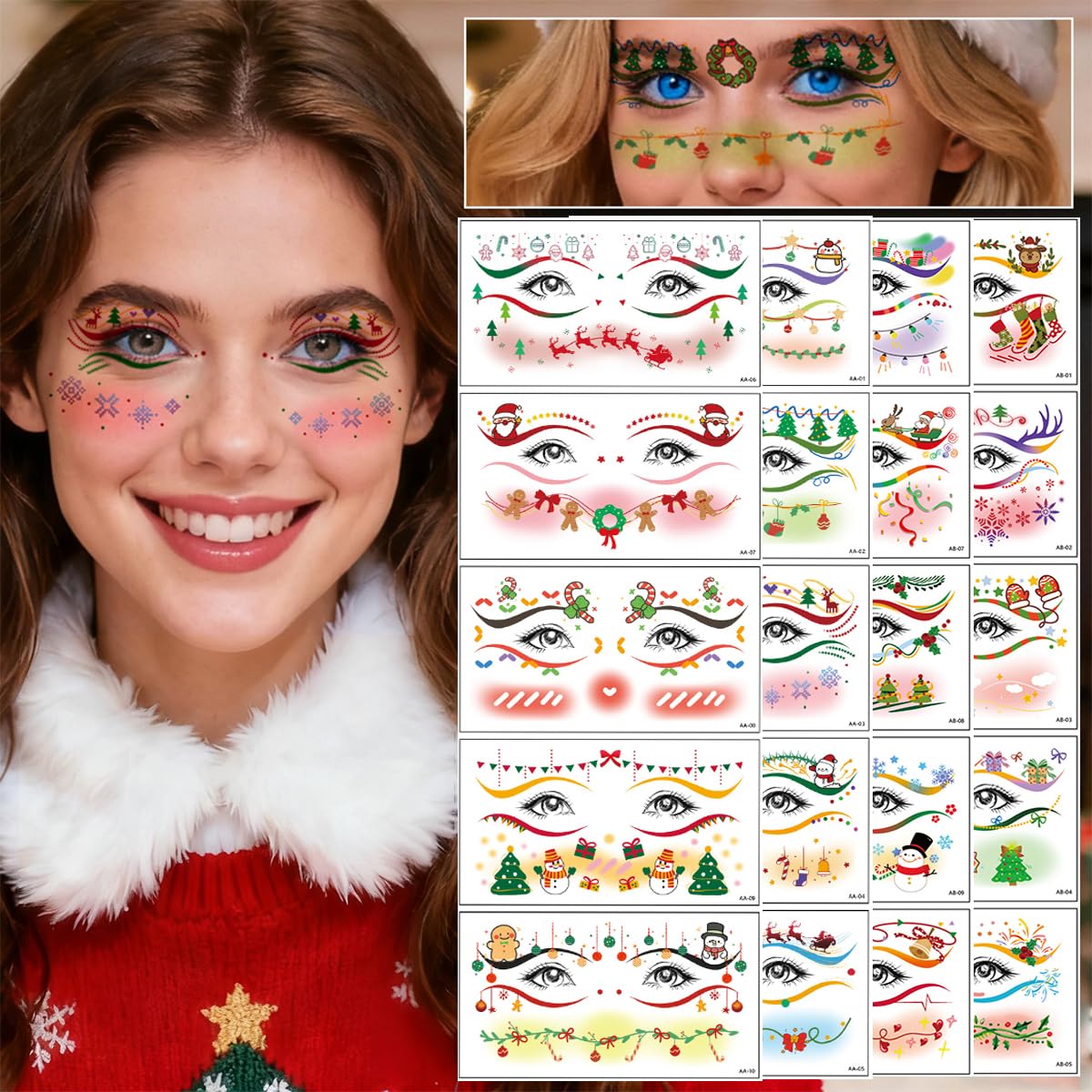 Christmas Face Stickers – 20 Sheets Festive Blush & Eye Gems with Snowman, Gingerbread, Snowflake Designs, Elegant Temporary Tattoos for Women’s Party & Photo Shoot
