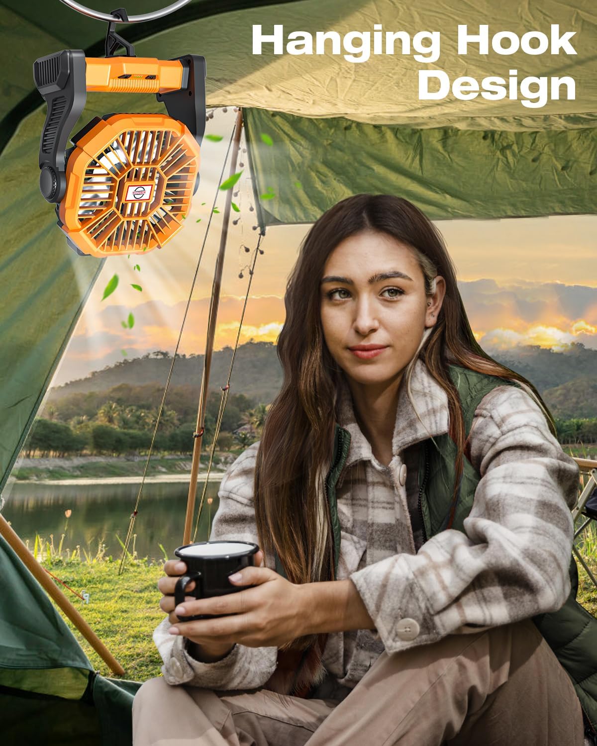 Portable Battery Operated Fan with LED Lantern, 20000mAh Outdoor Small Rechargeable Quiet Camping Fan, Personal Desk Fan Cooling Table Fan with Hanging Hook for Picnic Barbecue Fishing Travel (Orange) - Image 5