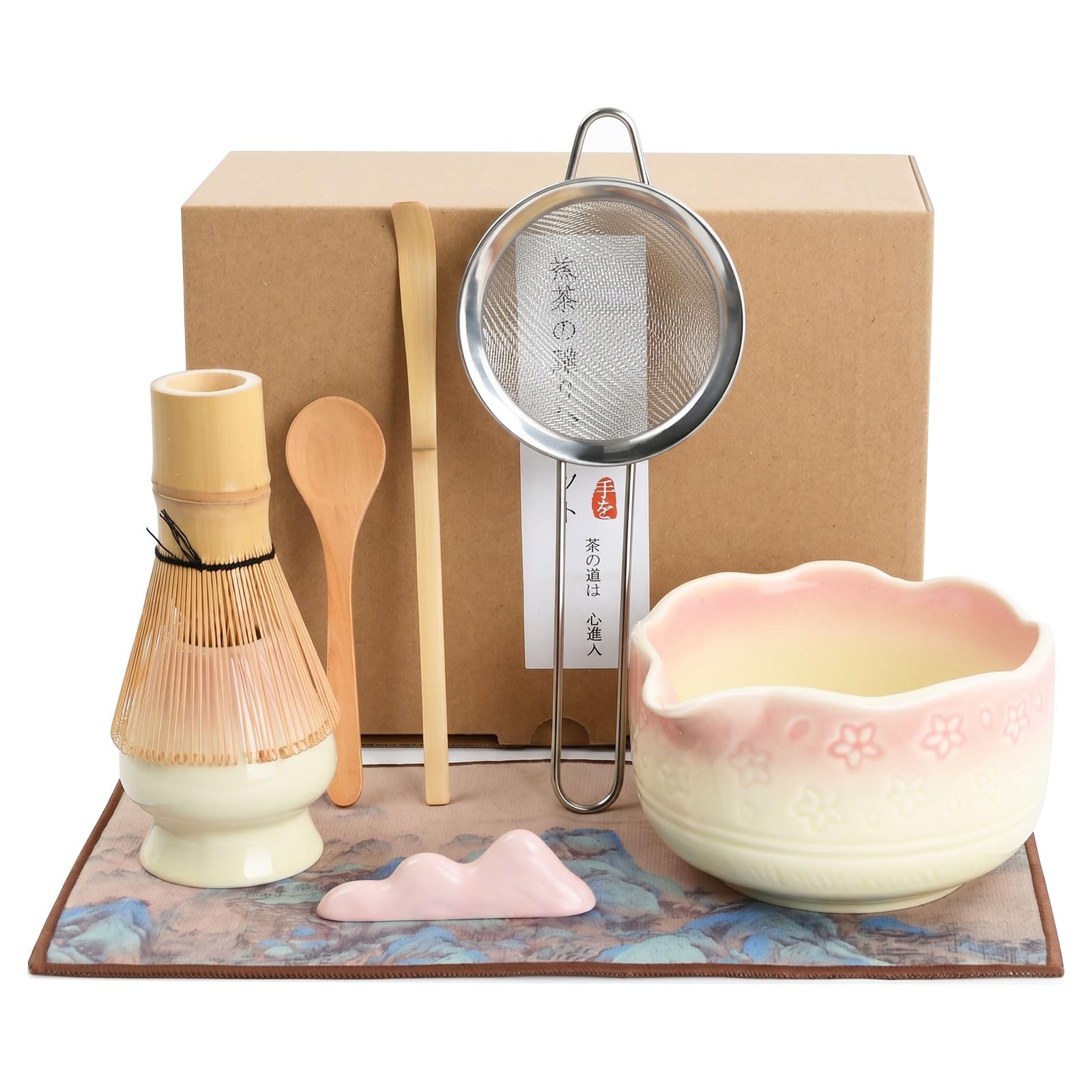 8 Pcs Ceramic Matcha Set, Complete Matcha Making Kit with Pouring Spout Bamboo Whisk and Holder, Traditional Tea Ceremony Starter Kit for Beginners Enthusiasts, Reusable Gift for Matcha Lover