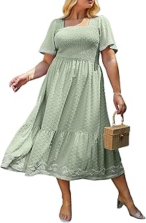 Women's Plus Size Summer Casual Short Sleeve Smocked Square Neck A Line Flowy Midi Dress Long Dress - Buy now