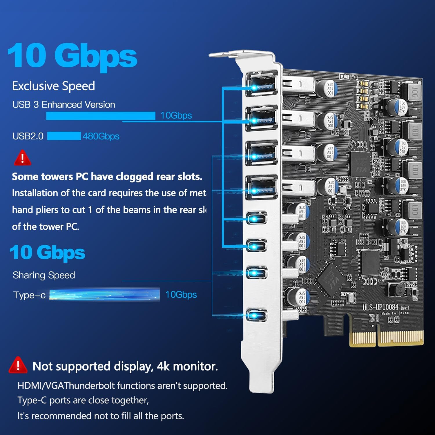 8 Ports USB PCIe Card PCIe USB 3.2/3.1 Gen 2 Card (4X USBC - 4X Type A),10Gbps Bandwidth PC Internal hub for Windows Linux Mac (Silver)