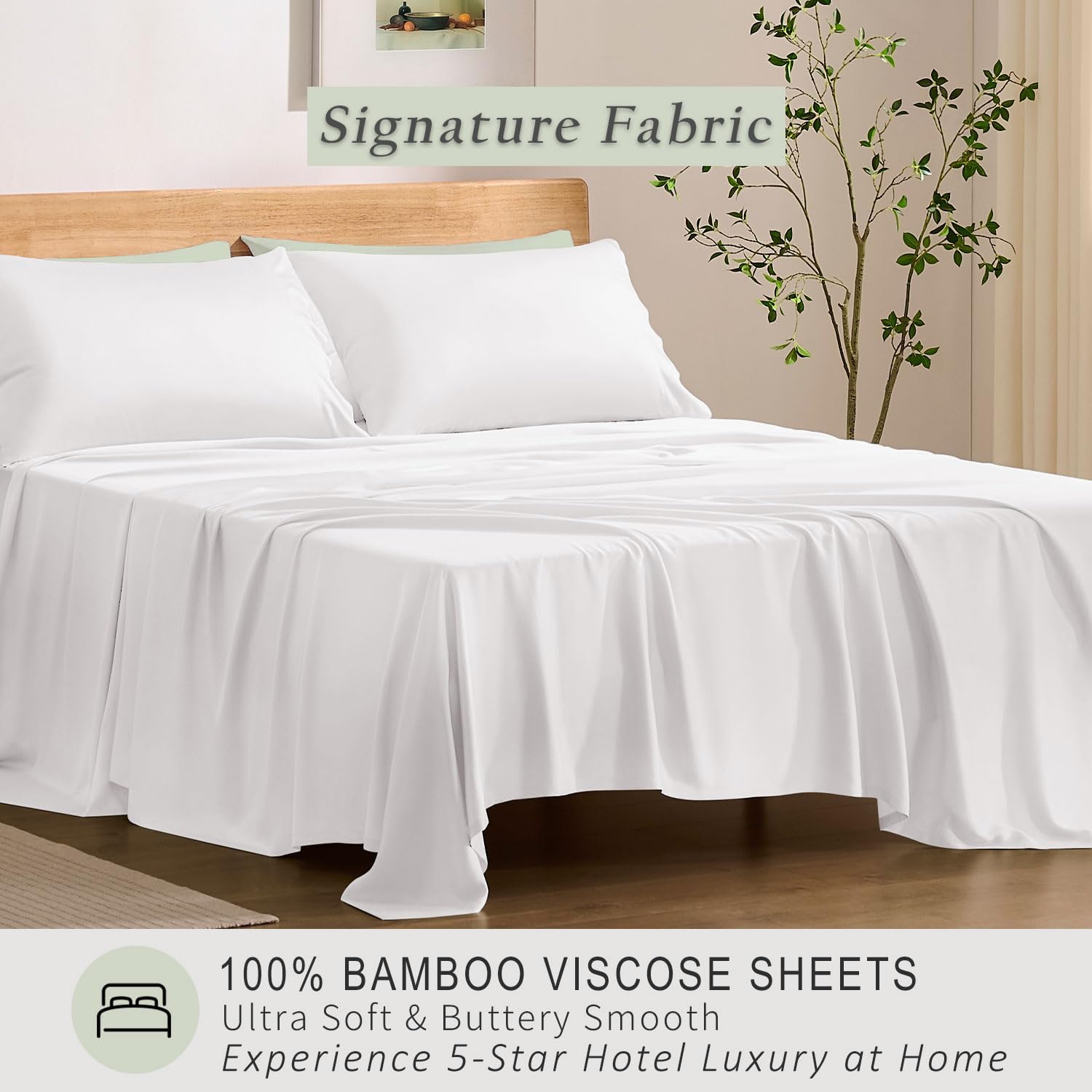 TOSMO Luxury Cooling Sheet Set - 100% Viscose from Bamboo, 4-Piece Bedding Set (King Size) - 18” Extra Deep Pockets, Oeko-Tex Certified, Silky Soft and Breathable, Classic White - Image 2