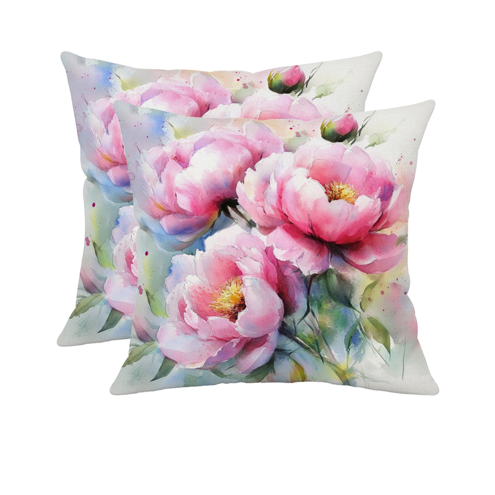 Doobicy Set of 2 Floral Throw Pillow Covers 18x18Inch Watercolor Peony Flower Cushion Covers Linen Decor Pillowcases for Sofa, Bed, Living Room,